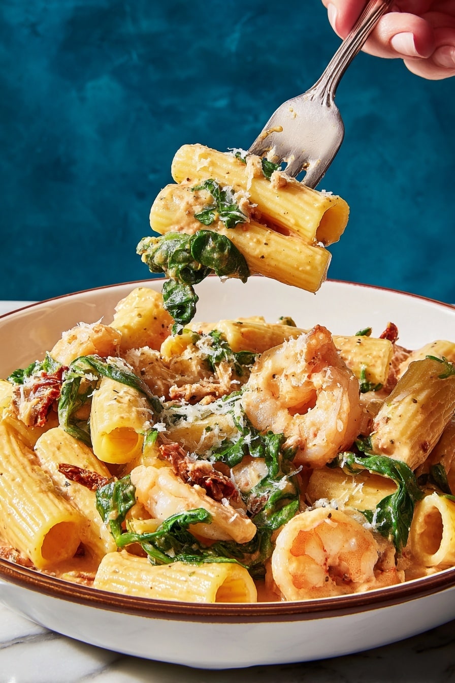 The dish is a bowl of rigatoni pasta mixed with cooked shrimp and spinach, all covered in a creamy orange sauce. The rigatoni is tubular with ridges, light yellow with the sauce coating them. The shrimp are plump and pale pink, scattered evenly throughout the pasta. The fresh green spinach leaves add color and texture, some folded into the pasta. Small pieces of what looks like sundried tomatoes are mixed in, giving a reddish contrast. The dish is sprinkled with a light layer of grated cheese on top. A woman's hand holding a silver fork lifts some pasta and spinach above the bowl. The bowl is white with a thin brown rim, resting on a white marbled surface with a blue background. Photo taken with an iphone --ar 2:3 --v 7 - Marry Me Shrimp Pasta, Shrimp Pasta with Sun-Dried Tomato Cream, Easy Seafood Pasta, Elegant Shrimp Pasta Recipe, Creamy Shrimp Pasta Dish