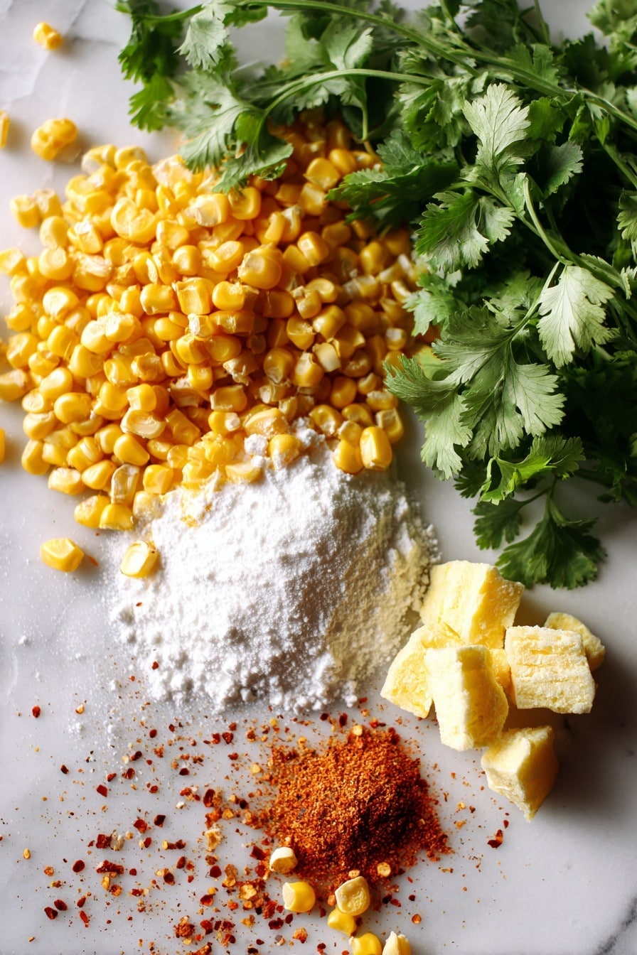Flat lay of fresh yellow corn kernels, bright green cilantro leaves, vibrant lime zest, golden butter chunks, and a small mound of white cornstarch powder, with a sprinkle of red cayenne pepper flakes scattered artfully, all placed on a white marble surface, photo taken with an iphone --ar 2:3 --v 7 - Cilantro-Lime Creamed Corn, Instant Pot Corn Side Dish, Easy Creamed Corn Recipe, Summertime Corn Recipes, Quick Vegetable Side