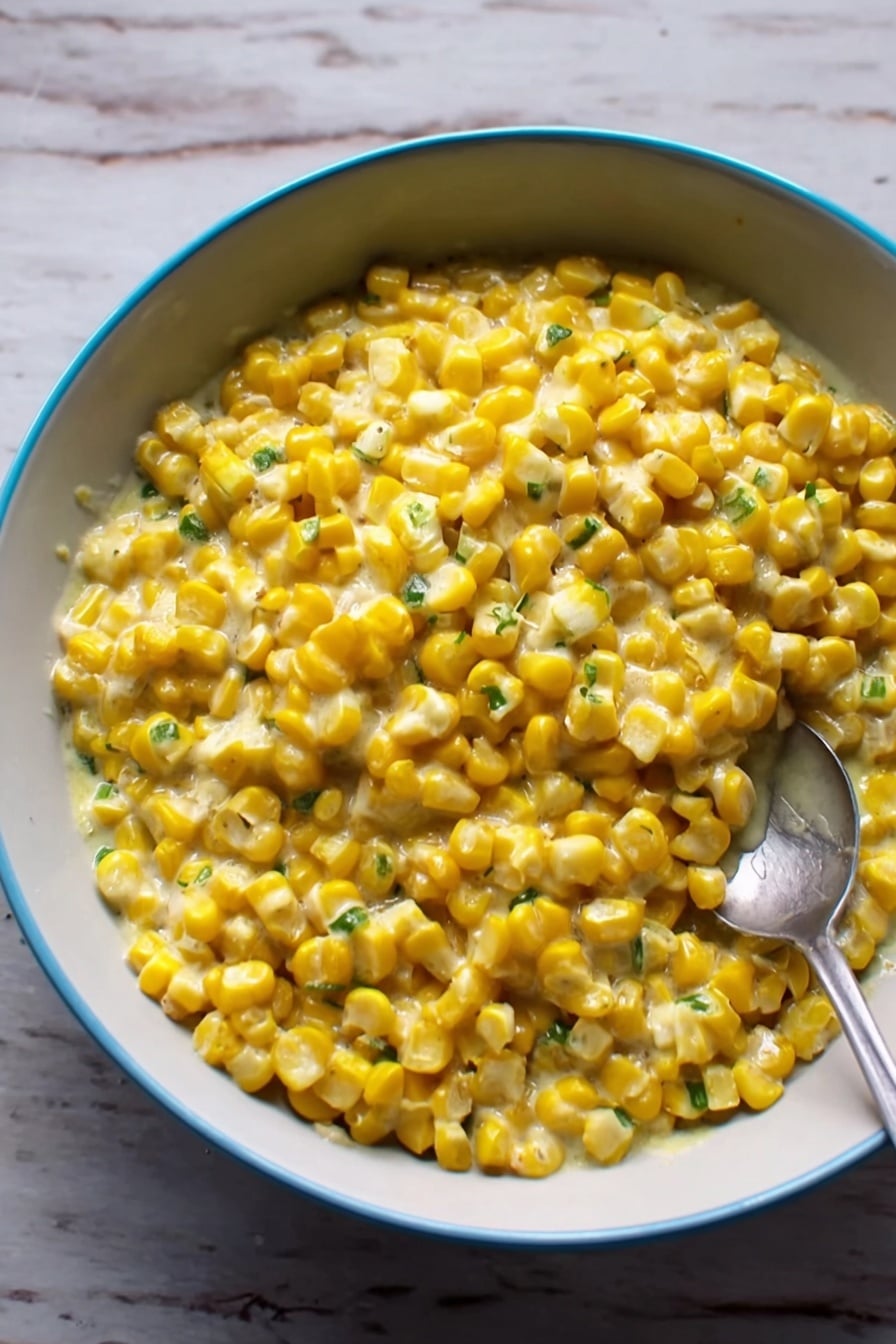 A bowl filled with cooked yellow corn kernels mixed in a creamy sauce with small green herb pieces, the bowl is white with a light blue rim, and a spoon resting inside slightly on the right side. The bowl sits on a white marbled surface. photo taken with an iphone --ar 2:3 --v 7 - Cilantro-Lime Creamed Corn, Instant Pot Corn Side Dish, Easy Creamed Corn Recipe, Summertime Corn Recipes, Quick Vegetable Side