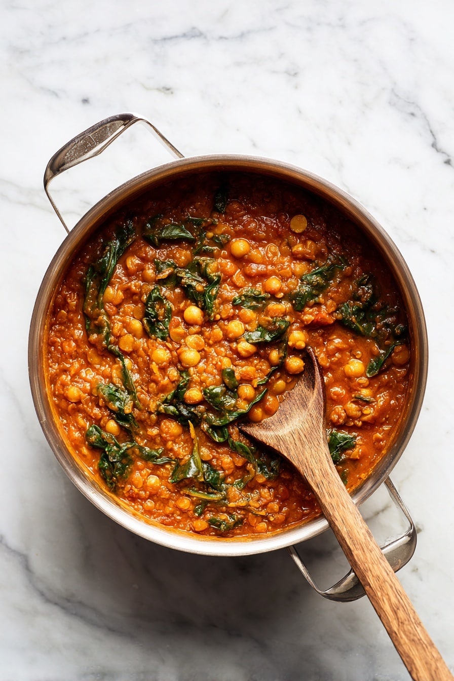 A top view of a large silver pot filled with a thick stew made of red lentils, chickpeas, and small pieces of leafy greens mixed in a rich reddish-orange sauce. A rustic wooden spoon rests inside the pot on the right side, partially covered in the stew. The pot is placed on a dark wooden surface with visible grain and texture. photo taken with an iphone --ar 2:3 --v 7 - Harira Moroccan Lentil and Chickpea Soup, Moroccan lentil soup, hearty Moroccan soup, traditional Moroccan recipes, soulful Lentil chickpea stew