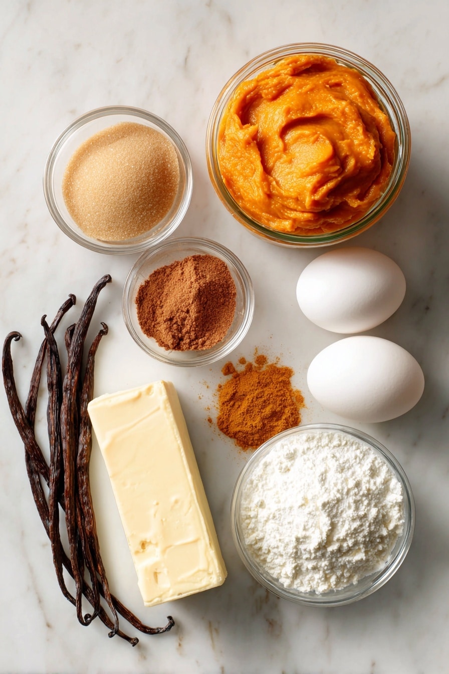 Flat lay of bright orange pumpkin purée in a glass jar, a small mound of warm brown sugar, a stick of creamy unsalted butter, two large fresh eggs, a block of smooth cream cheese, a pile of sifted white confectioners’ sugar, golden pumpkin pie spice scattered artistically, and vanilla beans arranged neatly, placed on a white marble surface, photo taken with an iphone --ar 2:3 --v 7 - Easy Pumpkin Whoopie Pies, Pumpkin Whoopie Pies Recipe, Fall Pumpkin Cookies, Pumpkin Pie Cookies, Pumpkin Spiced Treats