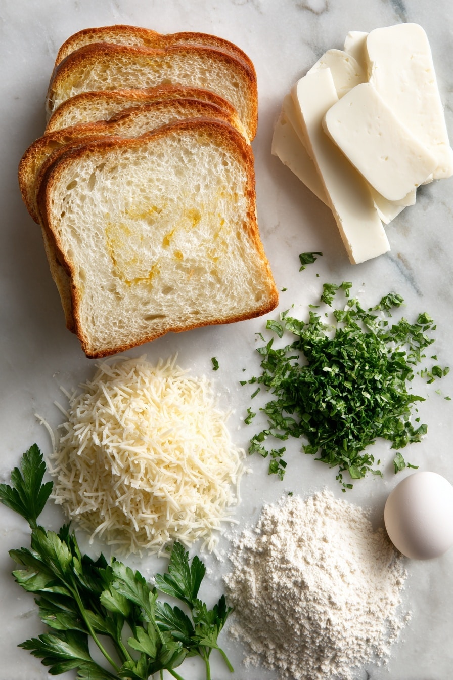 Flat lay of thick white bread slices with crusts removed, thick quarter-inch mozzarella cheese slices stacked neatly, a small pile of beaten eggs with flecks of chopped fresh parsley, a heap of finely grated Pecorino Romano cheese, a small mound of all-purpose flour dusted lightly, and fresh sprigs of bright green parsley leaves, placed on a white marble surface, photo taken with an iphone --ar 2:3 --v 7 - Mozzarella en Carrozza, Italian fried sandwich, crispy mozzarella sandwich, cheesy Italian snack, easy mozzarella appetizer