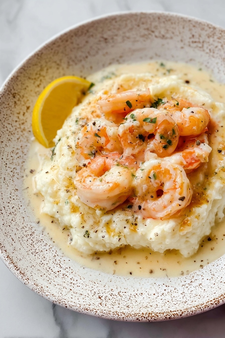 A silver pan filled with creamy white sauce that covers most of the pan's bottom, topped with light pink cooked shrimp scattered evenly, some sprinkled with small green herbs. Three bright yellow lemon wedges rest on top of the shrimp and sauce, adding a fresh contrast. The sauce has a smooth texture with small specks of black pepper and herbs throughout. The image is placed on a white marbled surface. photo taken with an iphone --ar 2:3 --v 7 - Creamy Lemon Garlic Parmesan Shrimp, Lemon Garlic Parmesan Shrimp, Easy Shrimp Dinner, Quick Seafood Recipes, Flavorful Shrimp Recipes