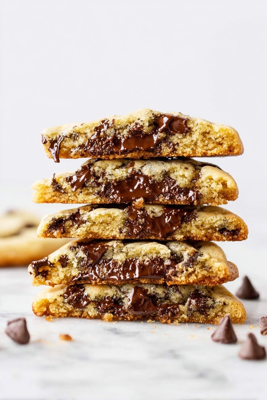 A stack of five chocolate chip cookie halves is shown upright on a white marbled surface, with each cookie layer visible in detail. The cookies are golden brown with a soft texture and are filled with melted dark chocolate chips that spread unevenly through each layer. The top cookie is slightly rounded with gooey chocolate chunks, and the sides of each cookie reveal crumbly edges. Scattered chocolate chips lie around the base of the stack. The background is plain white, making the cookies the main focus. Photo taken with an iphone --ar 2:3 --v 7 - Bakery Style Chocolate Chip Cookies, homemade chocolate chip cookies, chewy thick chocolate chip cookies, soft cookie recipes, bakery-style cookies recipe