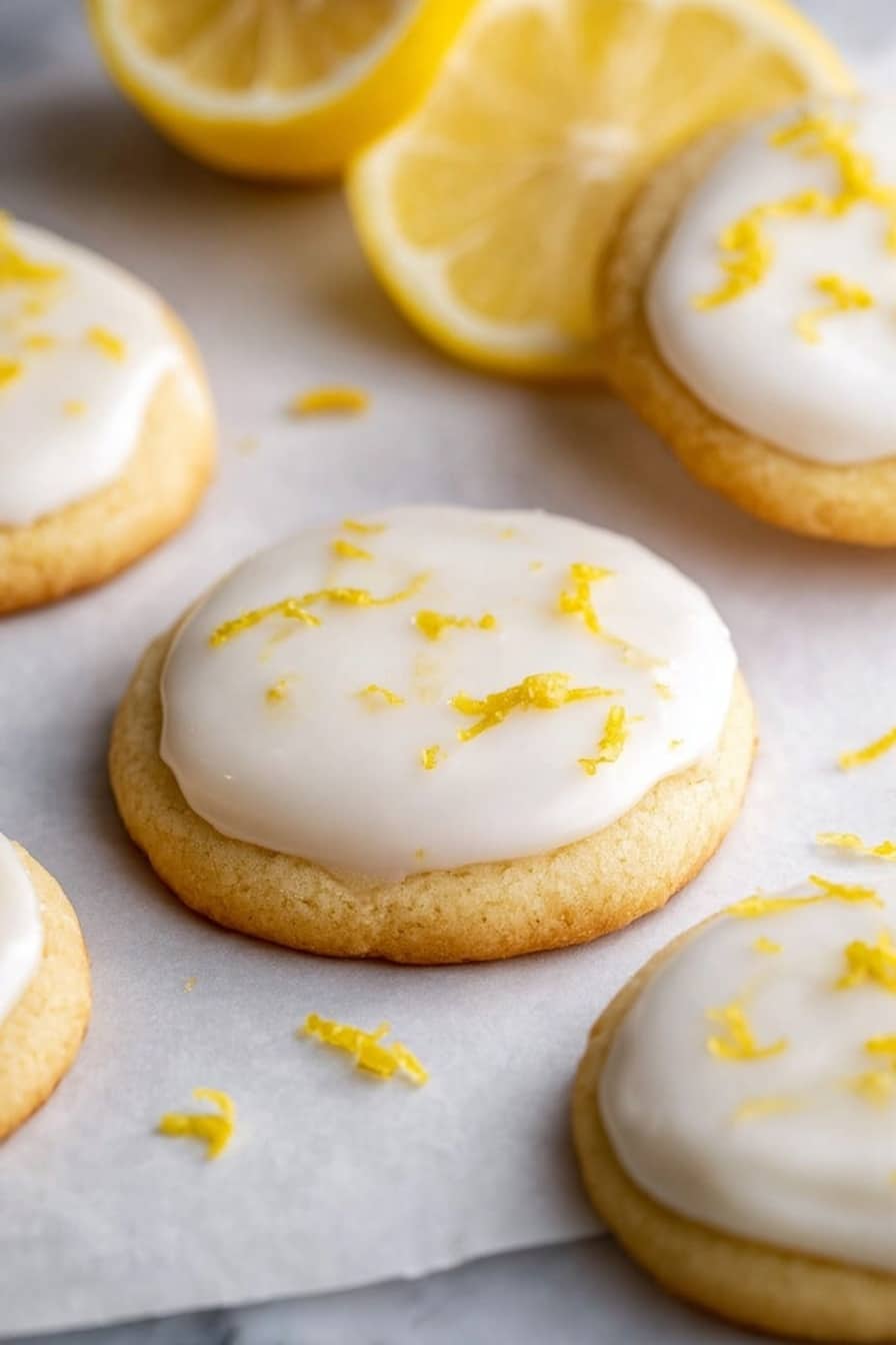 The image shows round soft cookies on white parchment paper over a white marbled surface. Each cookie has two layers: a pale golden soft cookie base and a smooth white icing layer on top, which looks glossy and slightly thick. Small bright yellow lemon zest pieces are scattered on the icing and around the cookies. In the background, there are two halves of a yellow lemon, adding color and context to the scene. The lighting is soft and bright, emphasizing the texture and freshness of the cookies and lemon. photo taken with an iphone --ar 2:3 --v 7 - Lemon Meltaway Cookies, Lemon Cookies Recipe, Easy Lemon Cookies, Soft Lemon Cookies, Summer Dessert Recipes