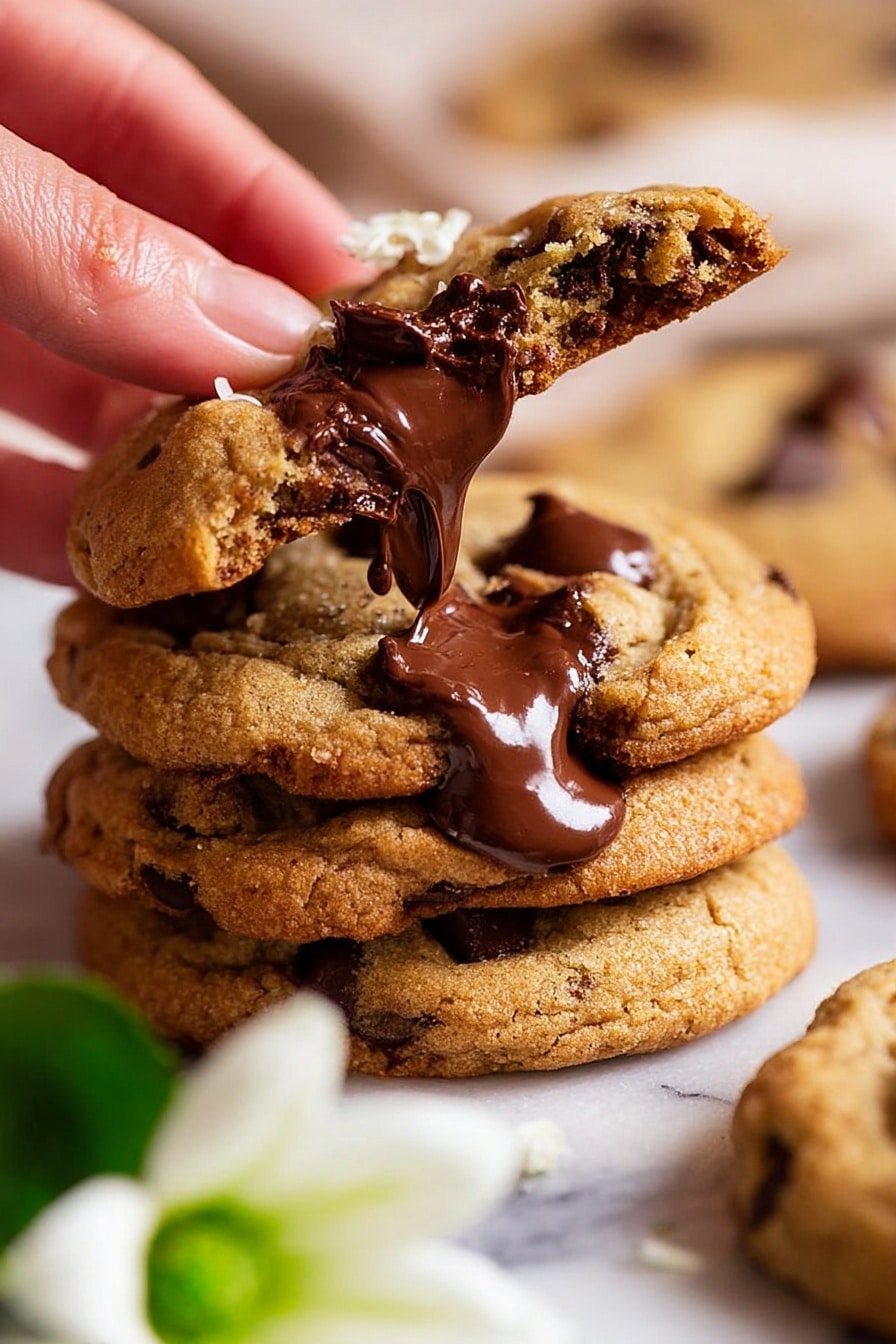 A close-up view of a stack of soft, golden brown chocolate chip cookies resting on a white marbled surface, with the top cookie being held and pulled apart by a woman's hand, revealing melted, smooth dark chocolate flowing out from the center. The cookies have a slightly crumbly texture with visible shiny chocolate chips embedded on the surface. A blurred green and white flower decoration sits in the foreground, adding a soft touch to the warm, inviting scene. photo taken with an iphone --ar 2:3 --v 7 - Nutella Stuffed Cookies, indulgent chocolate cookies, easy Nutella cookie recipe, molten Nutella dessert, chewy and crispy cookies