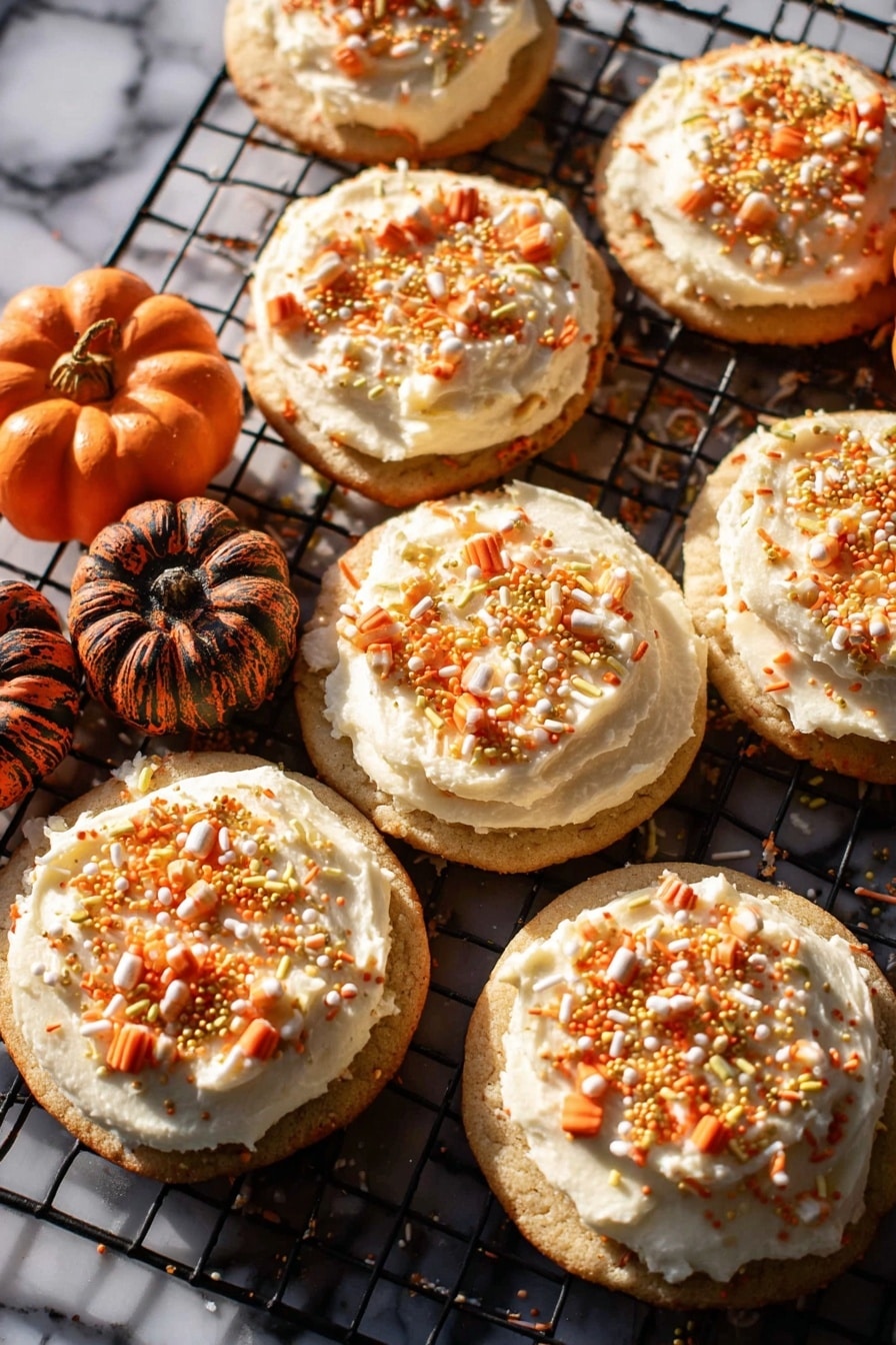 The image shows seven round cookies with a light brown base topped with a thick, creamy layer of white frosting spread unevenly on each cookie. On top of the frosting, there are various small sprinkles in orange, white, and gold, some shaped like mini pumpkins and others like tiny rods or balls, all scattered across the surface. The cookies are placed on a black wire cooling rack, and there are two small decorative pumpkins with dark orange and brown hues positioned among the cookies. The background surface is a white marbled texture. photo taken with an iphone --ar 2:3 --v 7 - Frosted Soft Pumpkin Sugar Cookies, pumpkin sugar cookie recipe, soft pumpkin cookies with cream cheese frosting, fall holiday pumpkin cookies, easy pumpkin cookie recipe