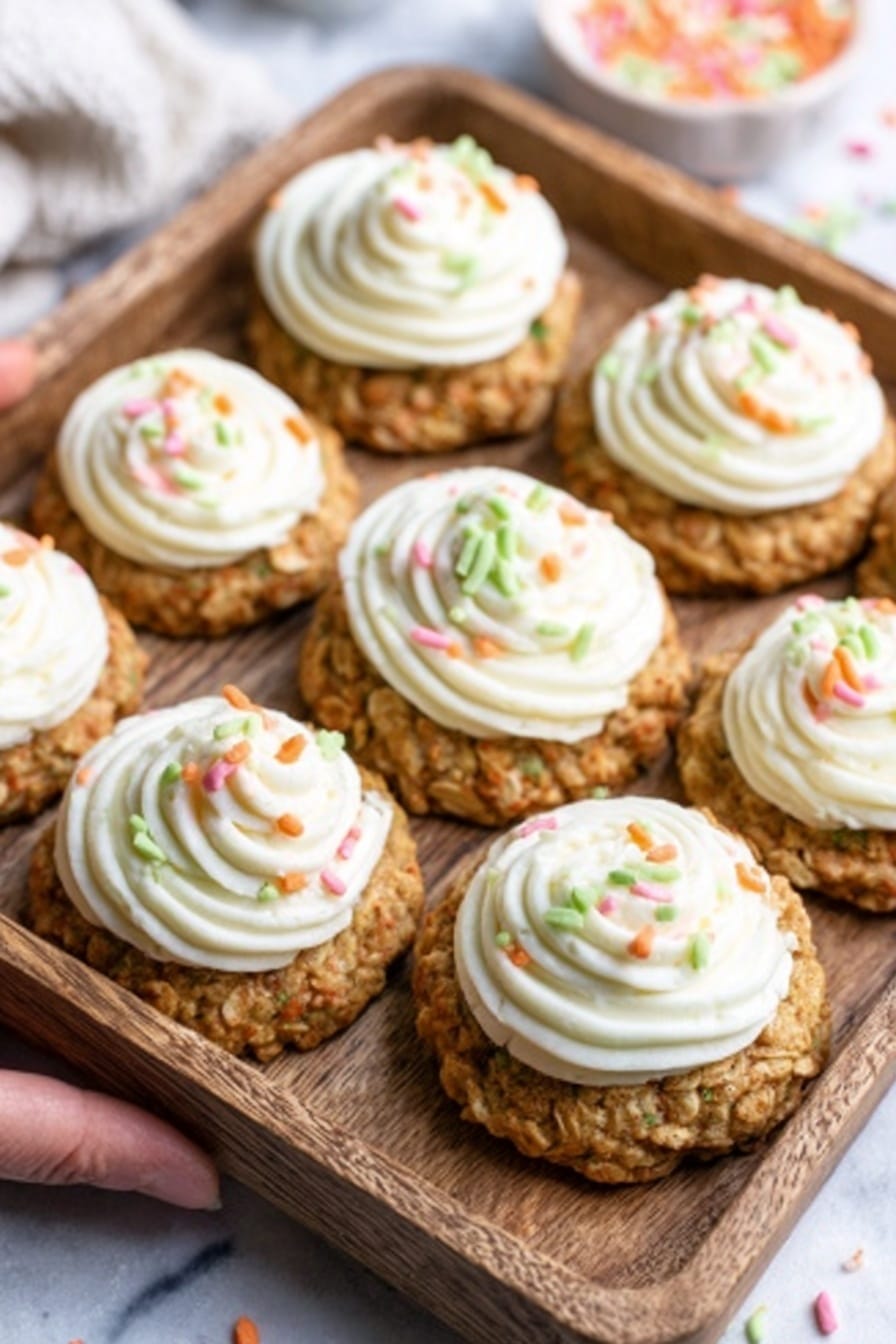 The image shows a wooden tray filled with round oatmeal cookies, each topped with a thick swirl of white frosting. The frosting is smooth and creamy, decorated with small colorful sprinkle bits in light green, orange, and pink. The cookies have a rough, bumpy texture with visible oats and a golden-brown color. The background is a white marbled surface, and a woman's hand is holding the tray from one side. photo taken with an iphone --ar 2:3 --v 7 - Carrot Cake Cookies with Cream Cheese Frosting, carrot cake cookie recipe, easy carrot cake cookies, moist carrot cake cookies, homemade carrot cake cookies