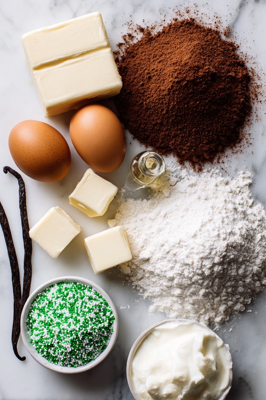 Flat lay of rich unsweetened cocoa powder in a small heap, smooth unsalted butter blocks, two large brown eggs, a mound of white granulated sugar, a vanilla bean pod alongside a small glass vial of vanilla extract, a neat pile of all-purpose flour, and a small bowl of glossy white cookie icing with green sprinkles scattered around, all beautifully arranged on a white marble surface, photo taken with an iphone --ar 2:3 --v 7 - Chocolate Football Cookies, football cookies for parties, easy football cookie recipe, decorated football cookies, game day cookie ideas