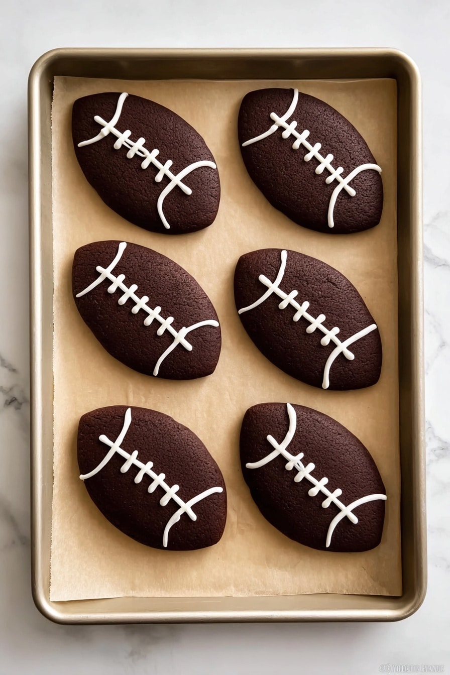 Six dark brown football-shaped cookies lie on light brown parchment paper inside a light-colored baking tray. Each cookie has white icing details: two curved lines near the short ends and five short straight lines crossing a central horizontal line in the middle, resembling football stitches. The tray sits on a white marbled surface. photo taken with an iphone --ar 2:3 --v 7 - Chocolate Football Cookies, football cookies for parties, easy football cookie recipe, decorated football cookies, game day cookie ideas