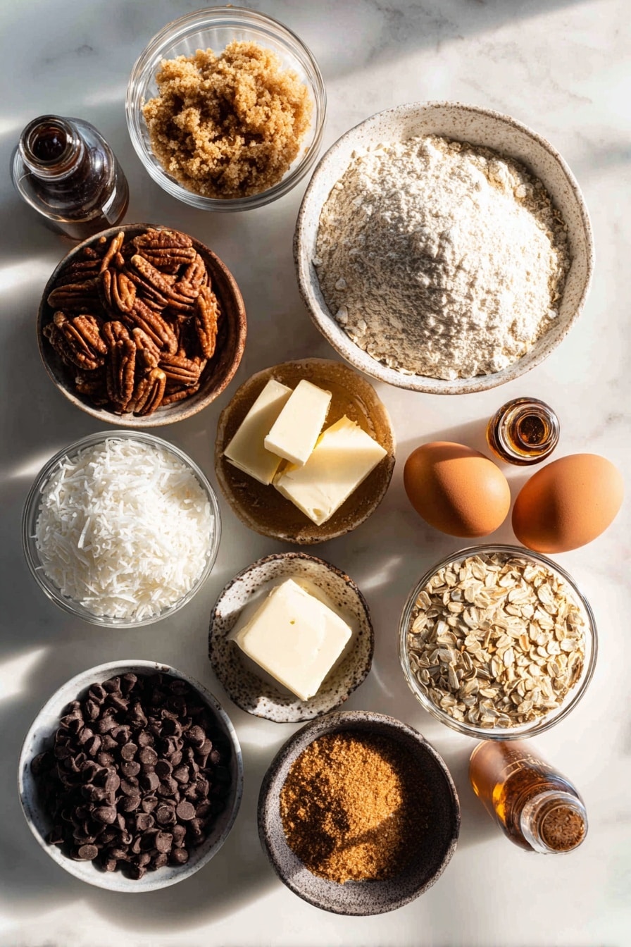 Flat lay of coarsely chopped pecans, sweetened shredded coconut, old-fashioned rolled oats, heaping piles of dark brown sugar and granulated sugar, chunks of softened unsalted butter, large brown eggs, glossy semisweet and milk chocolate chips mixed together, and small glass bottles of vanilla extract and ground cinnamon, all beautifully arranged with natural light and soft shadows, placed on a white marble surface, photo taken with an iphone --ar 2:3 --v 7 - Cowboy Cookies, cowboy cookies recipe, chewy crunchy cookies, loaded oat cookies, chocolate pecan cookies