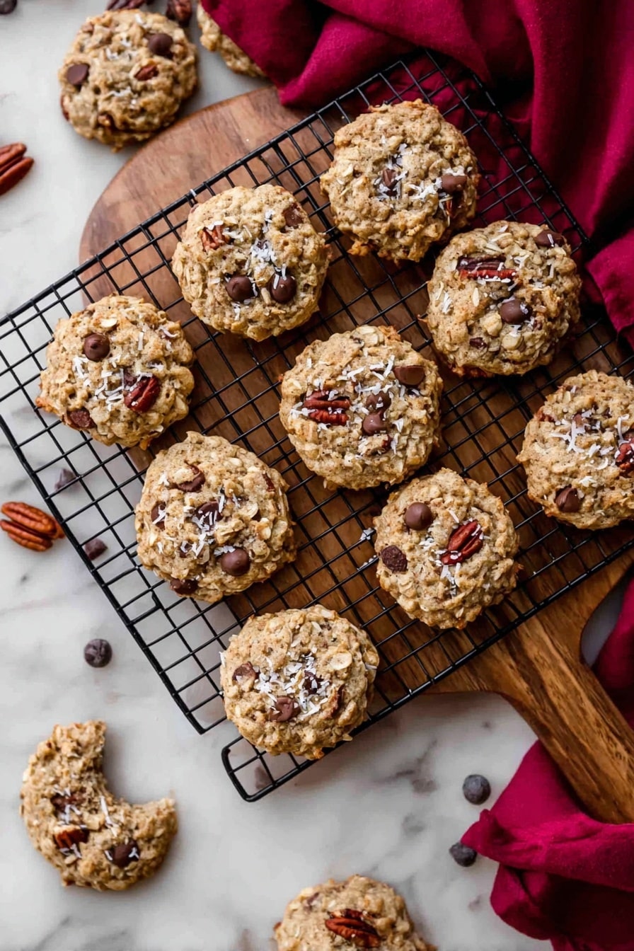 The image shows a group of round oatmeal cookies placed on a black wire cooling rack over a wooden board that rests on a white marbled surface. Each cookie is light brown with a rough, chewy texture and is topped with dark brown chocolate chips, small bits of pecans, and white coconut flakes sprinkled across them. One cookie in the bottom left corner has a bite taken from it revealing the inside. A deep red cloth is partly visible in the top right corner, adding a warm contrast to the scene. Small pieces of broken pecans and scattered chocolate chips can be seen around the cookies adding more detail. photo taken with an iphone --ar 2:3 --v 7 - Cowboy Cookies, cowboy cookies recipe, chewy crunchy cookies, loaded oat cookies, chocolate pecan cookies