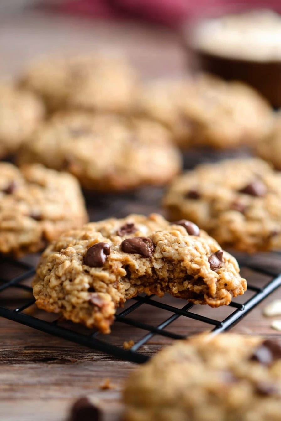 A close-up image of several oatmeal cookies with chocolate chips resting on a black wire cooling rack over a wooden surface, with one cookie in the front partially eaten showing its dense, chewy texture inside, light golden brown color, and visible oats and chocolate chips on top; the background is softly blurred, highlighting the cookies. photo taken with an iphone --ar 2:3 --v 7 - Cowboy Cookies, cowboy cookies recipe, chewy crunchy cookies, loaded oat cookies, chocolate pecan cookies