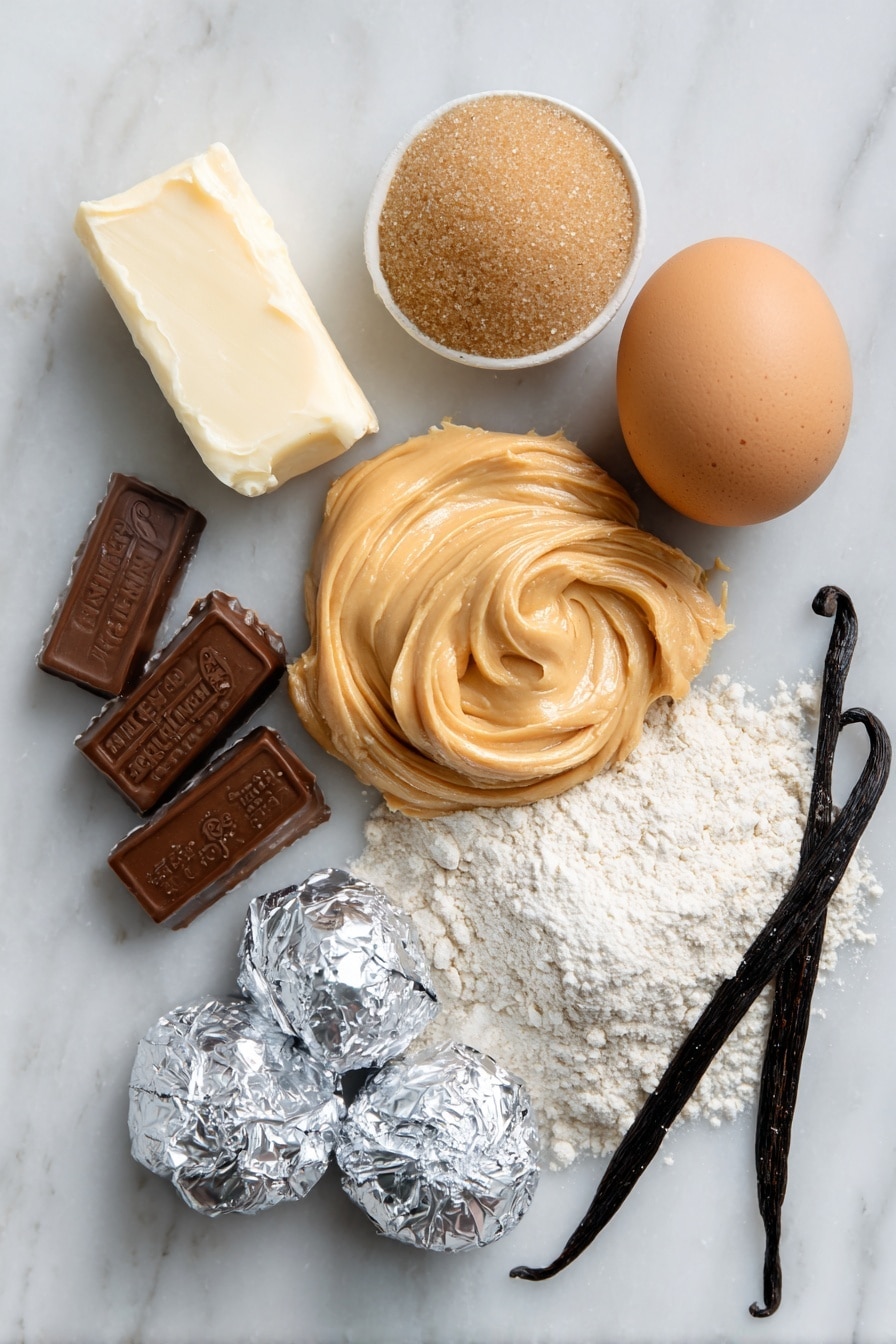 Flat lay of creamy peanut butter smooth and rich in texture, softened unsalted butter with a pale yellow hue, granulated sugar sparkling like tiny crystals, packed light brown sugar with its deep caramel color, a single large egg with a smooth shell, vanilla beans split open to reveal tiny black seeds, all-purpose flour in a small neat pile showing its fine texture, and unwrapped Hershey’s chocolate kisses with their shiny silver foil partially peeled back, placed on a white marble surface, photo taken with an iphone --ar 2:3 --v 7 - Peanut Butter Blossoms, peanut butter cookies with chocolate, classic cookie recipes, easy holiday cookies, chocolate kiss cookies