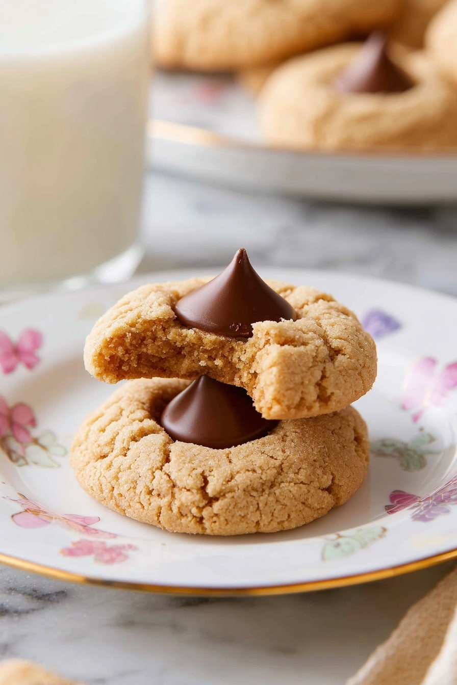 Two round peanut butter cookies with a cracked, slightly crumbly light brown surface sit stacked on a white plate decorated with small colorful butterflies and a thin gold rim; the cookie on top has a bite taken out of it, revealing a soft inside, and both cookies have a large, smooth, dark brown chocolate kiss shape pressed into their centers. In the background, a blurred glass of white milk and another plate with similar cookies are visible, all placed on a white marbled surface. Photo taken with an iphone --ar 2:3 --v 7 - Peanut Butter Blossoms, peanut butter cookies with chocolate, classic cookie recipes, easy holiday cookies, chocolate kiss cookies