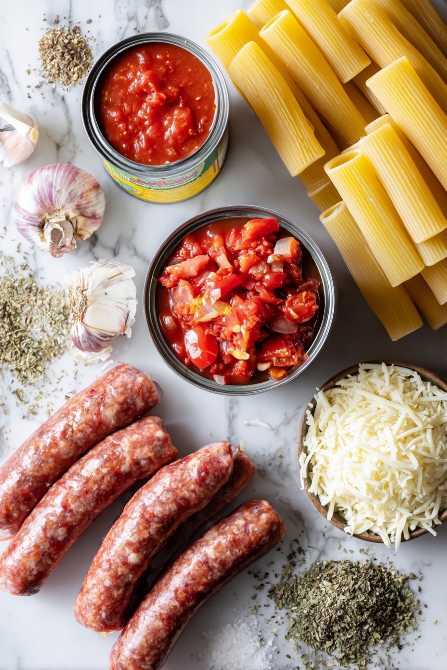 Flat lay of Italian sausage links, a small chopped onion, several garlic cloves, a can of crushed tomatoes opened to show the rich red sauce, diced tomatoes spilling slightly from an opened can, scattered dried Italian seasoning herbs including oregano and basil, a pile of uncooked ziti pasta tubes, and a small mound of shredded mozzarella cheese, all beautifully arranged with natural lighting and fresh, vibrant colors, placed on a white marble surface, photo taken with an iphone --ar 2:3 --v 7 - Slow Cooker Baked Ziti, baked ziti with sausage, easy slow cooker pasta, comfort food recipes, Italian casserole