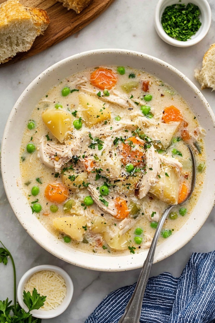 A white bowl filled with creamy chicken soup sits on a white marbled surface. The soup has layers of white shredded chicken, bright orange carrot slices, and vibrant green peas mixed with chunks of pale potatoes, all covered in a thick, light beige broth. There are small bits of green herbs sprinkled on top for color. A silver spoon rests inside the bowl with some soup on it. Around the bowl, there are white small dishes holding grated cheese and green chopped herbs, along with fresh parsley on the side and a piece of bread placed on a wooden surface. A blue and white striped cloth is partially visible near the bowl. Photo taken with an iphone --ar 2:3 --v 7 - Slow Cooker Garlic Parmesan Chicken Stew, Healthy slow cooker chicken recipes, Comfort food chicken stew, Easy garlic parmesan chicken dish, Hearty slow cooker dinner
