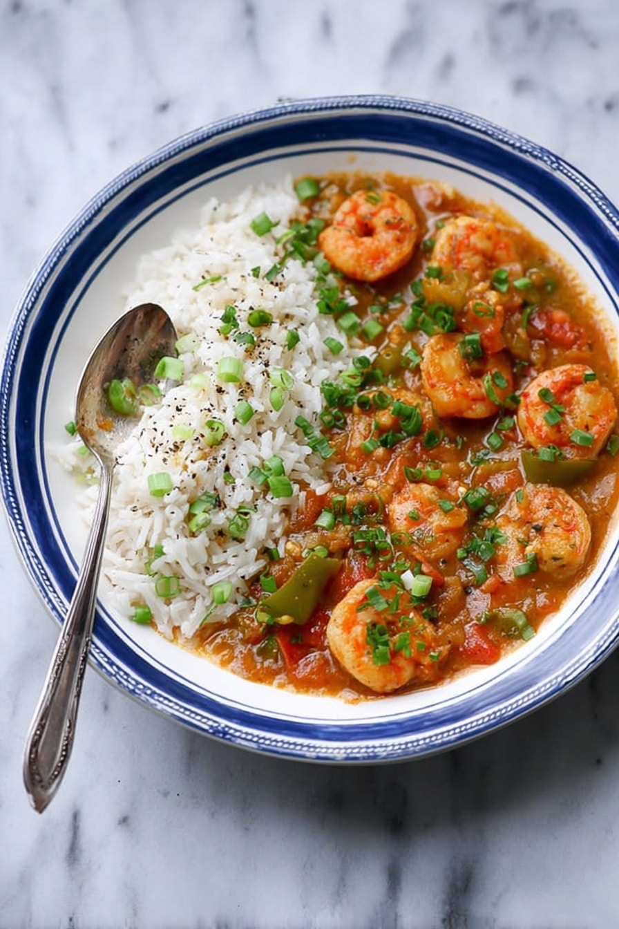 A white bowl with a blue rim holds a dish separated into two parts: on the left side, there is a layer of white rice, sprinkled with small green onion pieces and black pepper, and on the right side, a thick orange-brown shrimp stew with visible whole shrimp, slices of green bell pepper, and tomato chunks, topped with chopped green onions and herbs. A silver spoon rests on the rice, partly submerged. The bowl is placed on a white marbled surface. Photo taken with an iphone --ar 2:3 --v 7 - New Orleans Gumbo with Shrimp and Sausage, Creole gumbo recipe, hearty Cajun stew, spicy seafood gumbo, authentic gumbo with roux