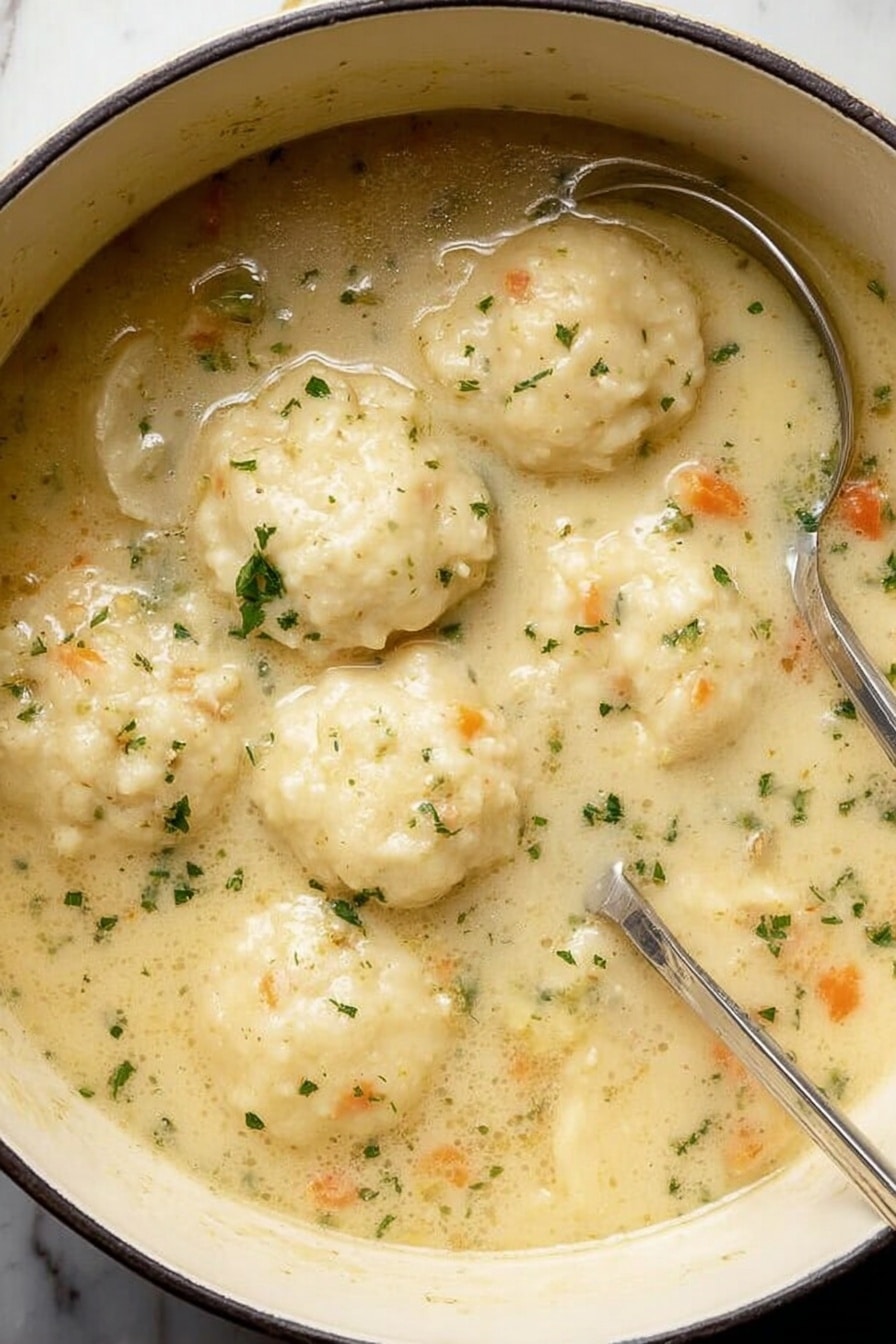 The image shows a white pot filled with a creamy soup that has large, round, pale dumplings floating on the surface. The soup is light beige with small green herbs and tiny orange vegetable pieces scattered throughout. There are two silver spoons placed inside the pot, partially submerged in the soup. The texture of the dumplings looks soft and slightly lumpy, and the broth appears thick and smooth. The background is a white marbled surface. photo taken with an iphone --ar 2:3 --v 7 - Homemade Chicken and Dumplings, easy chicken and dumplings, 6-ingredient chicken and dumplings, comforting chicken and dumplings recipe, simple chicken and dumplings