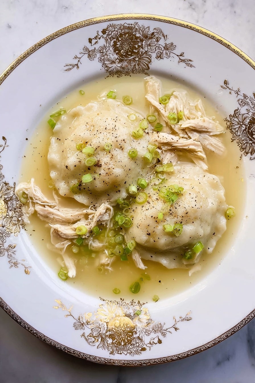 A white plate with gold floral designs holds two large, white dumplings covered in a light, clear broth with a slight yellow tint. Surrounding the dumplings are several pieces of shredded chicken with a soft texture and pale beige color. The broth is sprinkled with small green onion slices and a light dusting of black pepper, adding tiny specks of green and black over the dish. The plate sits on a white marbled surface. Photo taken with an iphone --ar 2:3 --v 7 - Homemade Chicken and Dumplings, easy chicken and dumplings, 6-ingredient chicken and dumplings, comforting chicken and dumplings recipe, simple chicken and dumplings
