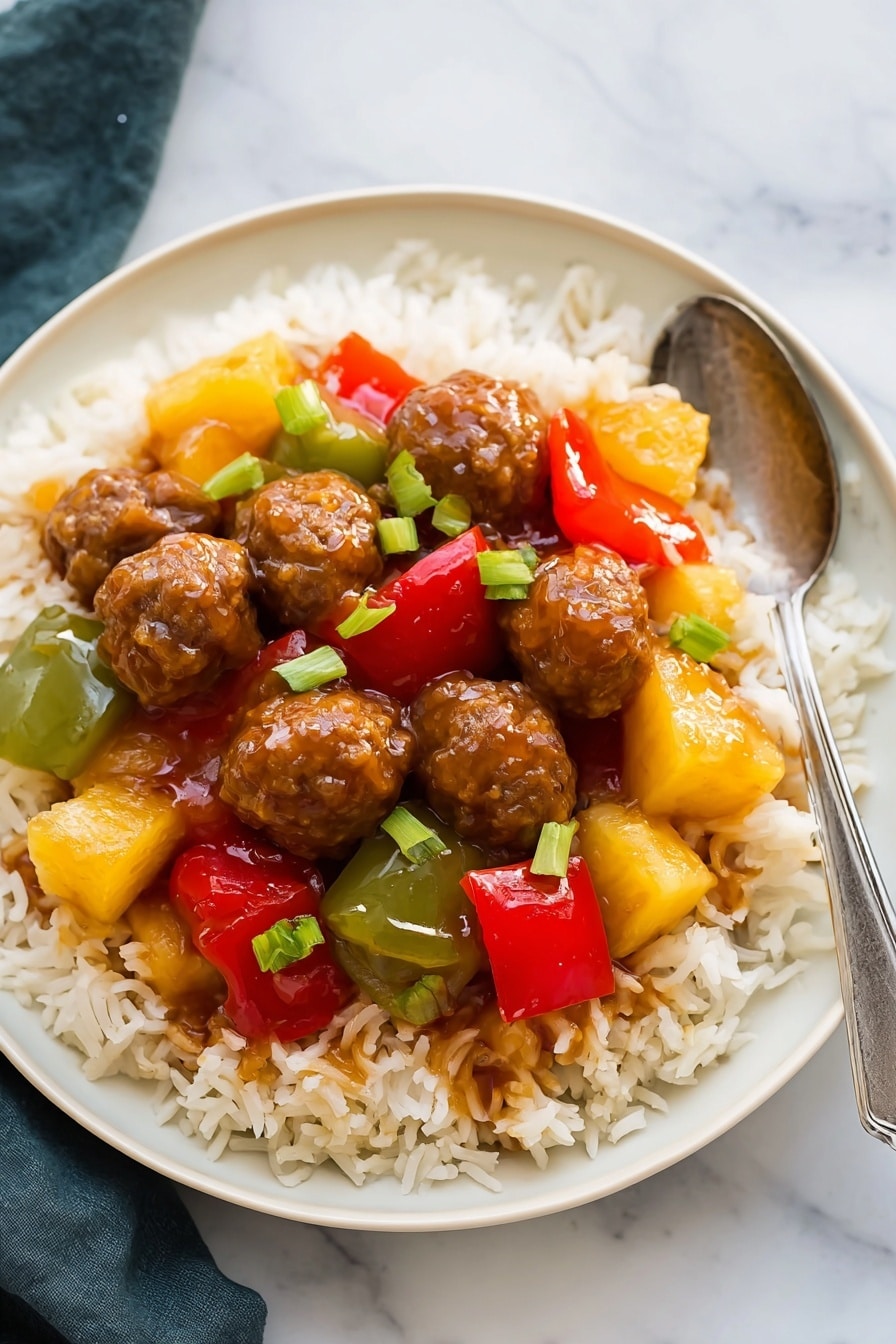 A white plate is filled with a layer of cooked white rice spread evenly, topped with a mix of small round brown meatballs, and chunks of red, yellow, and green bell peppers along with yellow pineapple pieces. The ingredients are covered in a shiny brown sauce giving a glazed look. The plate rests on a white marbled surface, and a silver spoon is placed on the right side of the plate. photo taken with an iphone --ar 2:3 --v 7 - Sweet and Sour Crockpot Meatballs, crockpot meatballs recipe, easy party meatballs, flavorful meatball appetizer, slow cooker meatballs