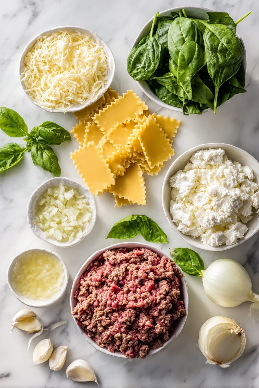 Flat lay of lean ground beef, finely diced yellow onion, minced garlic cloves, bright fresh spinach leaves, broken pieces of uncooked lasagna noodles, shredded mozzarella cheese, creamy cottage cheese, grated Parmesan cheese, and fresh basil leaves, all beautifully arranged on a white marble surface, photo taken with an iphone --ar 2:3 --v 7 - Crockpot Lasagna, slow cooker lasagna recipe, easy crockpot lasagna, homemade lasagna in crockpot, simple lazy lasagna