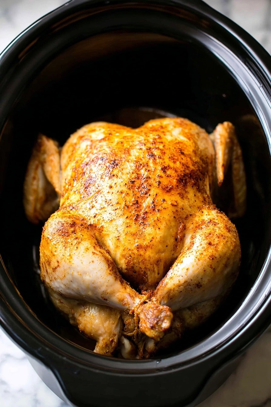 The image shows a whole cooked chicken with a golden brown and slightly crispy skin, seasoned with a light dusting of spices that create a pattern of darker and lighter spots. The chicken is placed inside a black slow cooker pot, which contrasts against the white marbled surface beneath it. The chicken's legs and wings are slightly spread out, and the skin looks smooth and moist. The overall look is warm and inviting, highlighting the cooked chicken as the main focus. photo taken with an iphone --ar 2:3 --v 7 - Slow Cooker Whole Chicken with Spiced Crispy Skin, slow cooker chicken, crispy skin chicken recipe, easy slow cooker dinner, spicy roasted chicken