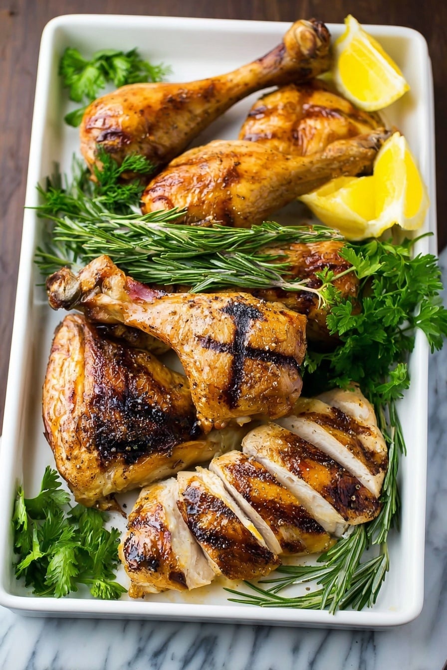 A white rectangular tray holds two cooked chicken legs at the top left, one wing at the bottom left, and several slices of golden-brown roasted chicken breast arranged in the center and right. The chicken skin is crispy with dark brown grill marks. Fresh green herbs like parsley and rosemary are placed around the chicken, adding contrast to the warm tones. There are also a few bright yellow lemon wedges on the top right corner. The tray is set on a white marbled surface. Photo taken with an iphone --ar 2:3 --v 7 - Slow Cooker Whole Chicken with Spiced Crispy Skin, slow cooker chicken, crispy skin chicken recipe, easy slow cooker dinner, spicy roasted chicken