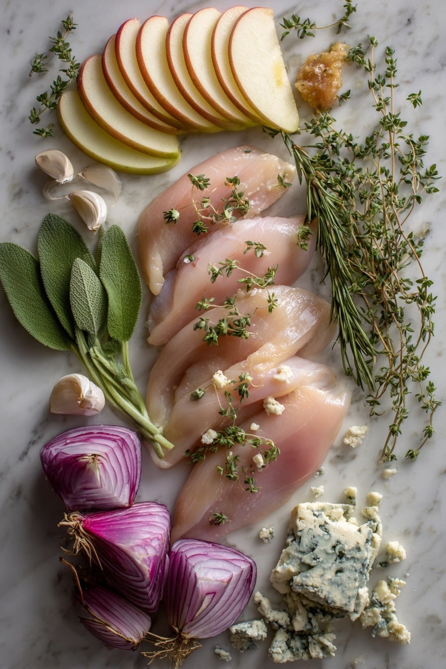 Flat lay of thin slices of prosciutto arranged alongside crisp Honeycrisp apple wedges, fresh green sage leaves, halved shallots with their purple skin, whole garlic cloves with papery skins, sprigs of fresh rosemary and thyme, crumbled blue cheese, and a dollop of smooth apple butter, all beautifully spread out with vibrant colors and natural textures, placed on a white marble surface, photo taken with an iphone --ar 2:3 --v 7 - Prosciutto Apple and Sage Butter Chicken with Cider Pan Sauce, apple chicken recipes, fall chicken dinner ideas, easy autumn chicken recipes, savory apple chicken dishes