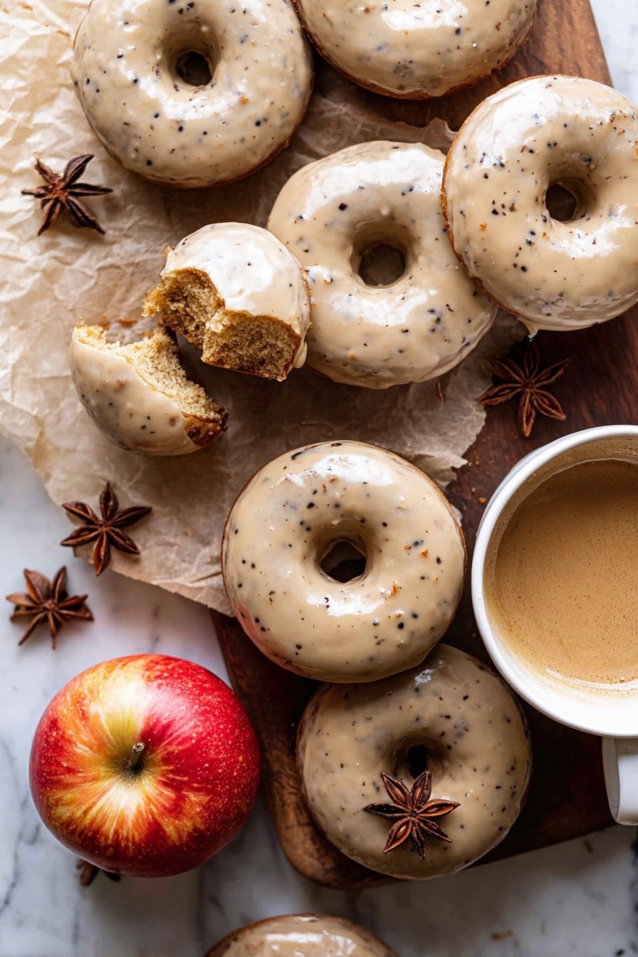 The image shows several round donuts with a light tan glaze that has small dark specks, arranged on a wooden board with some parchment paper. The donuts have a smooth, shiny top layer of glaze and a soft, spongy cake underneath that is a darker tan color. Some donuts are whole, while others are broken to show the crumbly inside texture with visible small chunks. Among the donuts is a red and yellow apple and a white ceramic cup filled with light brown coffee, garnished with two star anise pieces. The entire scene is set on a white marbled texture background. photo taken with an iphone --ar 2:3 --v 7 - Baked Apple Cider Doughnuts with Cinnamon Maple Glaze, apple cider doughnut recipes, fall baked doughnuts, cinnamon maple glaze donuts, cozy autumn dessert