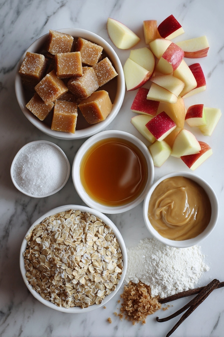Flat lay of rich golden caramel chunks, glistening maple syrup, soft brown sugar crystals, fresh diced honeycrisp apple pieces with red and yellow skin, plump old fashioned oats, smooth vanilla beans, creamy browned butter with a warm amber hue, and a dusting of powdered sugar, all beautifully arranged on a white marble surface, photo taken with an iphone --ar 2:3 --v 7 - Iced Apple Cider Caramel Oatmeal Cookies, apple cider caramel cookies, oatmeal caramel cookies, fall cookies with caramel and oats, easy apple cider cookies