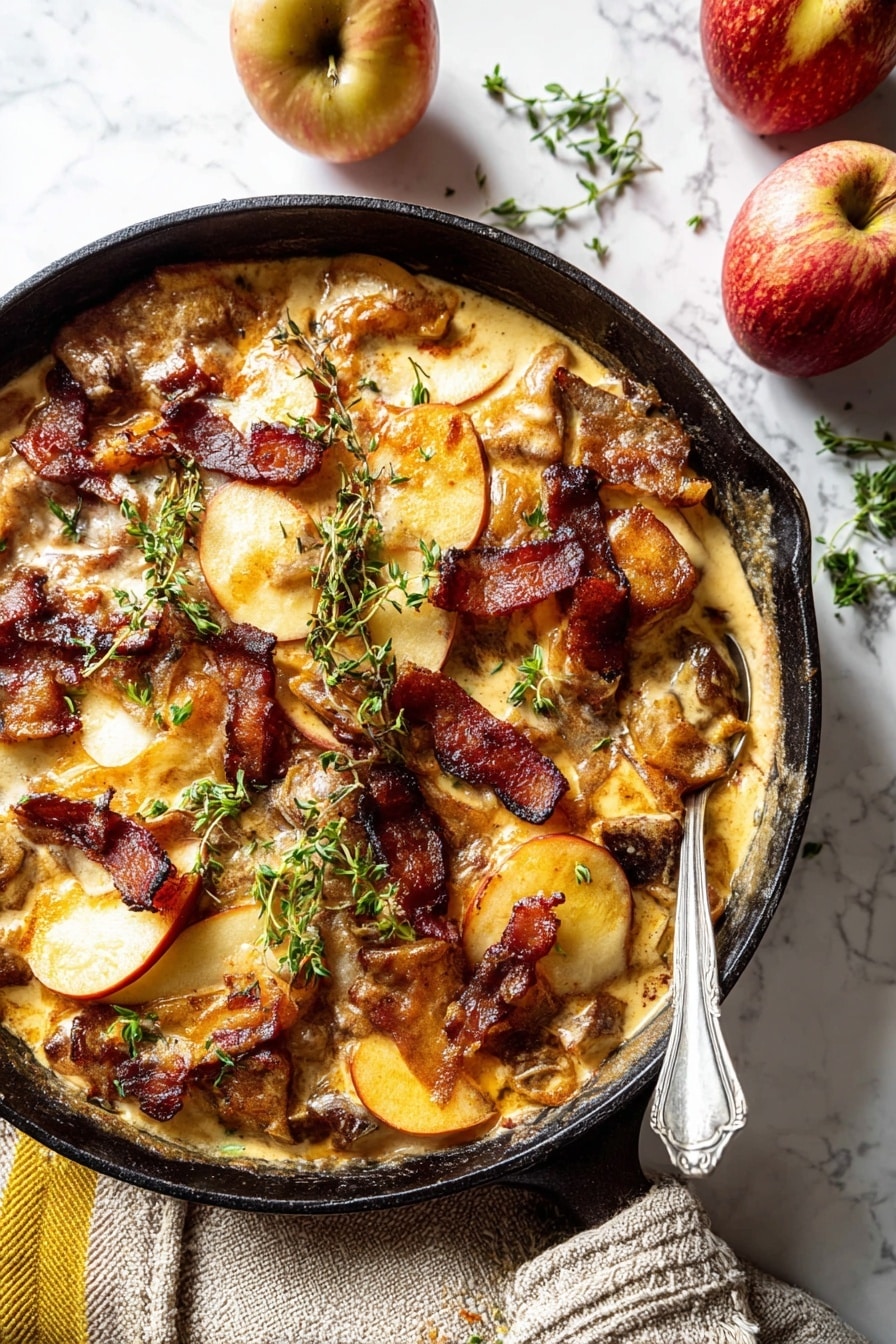 A black cast iron pan filled with a rich layered dish starting with golden brown cooked meat pieces, topped unevenly with light golden creamy sauce with a slightly thick texture, scattered with soft cooked apple slices showing pale yellow skin and light brown edges, and crunchy dark red-brown crispy bacon strips placed on top. Fresh green herb sprigs are garnished on the dish. The pan sits on a white marbled surface, near two whole apples and a textured beige cloth with a yellow stripe. A silver spoon rests inside the pan near the edge. Photo taken with an iphone --ar 2:3 --v 7 - Apple Cider Smothered Chicken, apple cider chicken recipe, fall chicken dinner, easy cozy chicken dish, hearty apple cider chicken