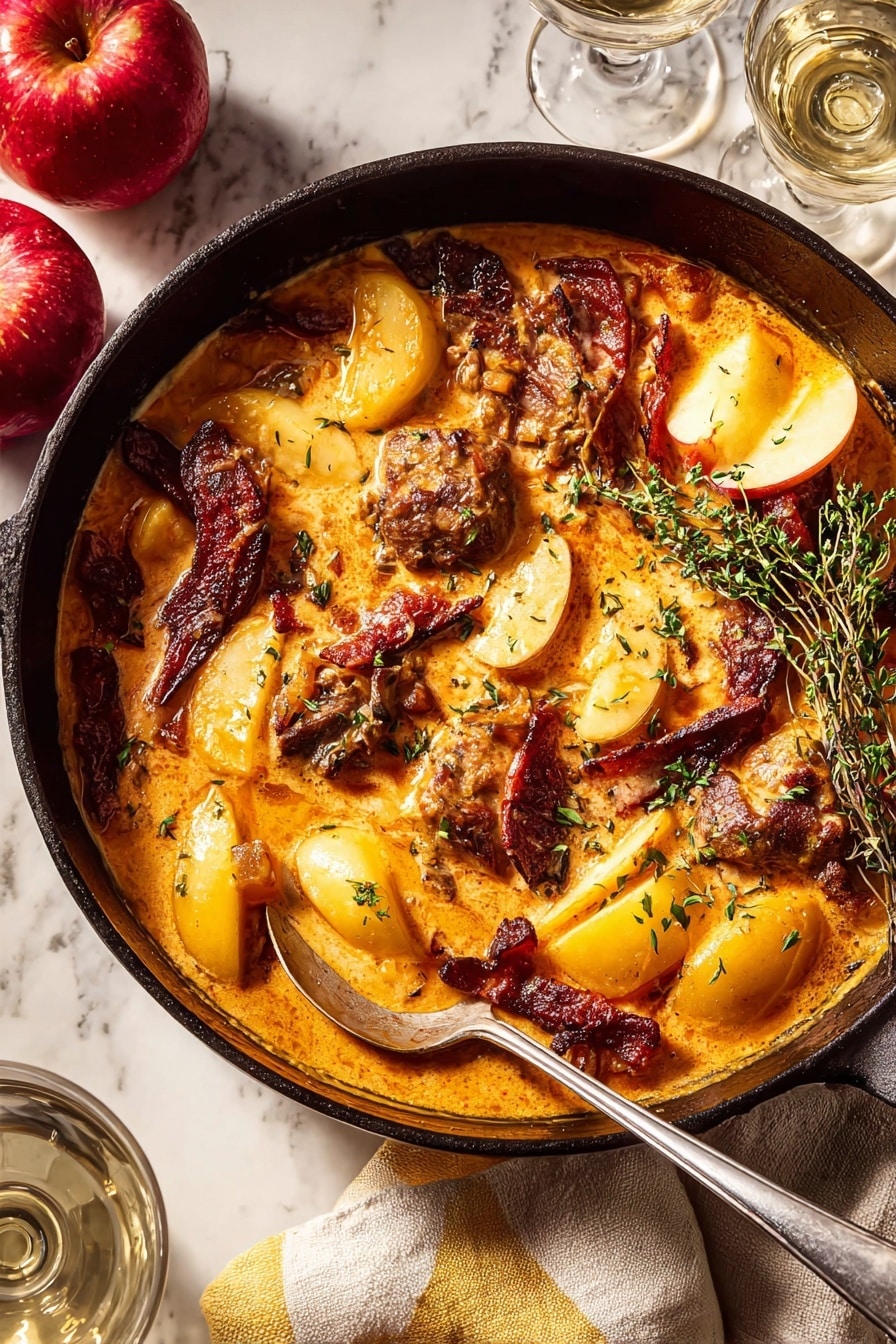 A black cast iron pan holds a rich, creamy orange sauce layered with golden-brown cooked pieces of meat and soft, light yellow apple slices. Crispy, dark reddish-brown strips are scattered on top, adding texture. Small green fresh herb sprigs rest on the dish, providing contrast. A metal spoon with a long handle is placed inside the pan, partially submerged in the sauce. The pan sits on a white marbled surface with a bright red apple and green herb sprigs nearby, alongside two glasses casting light reflections. A beige cloth with a yellow stripe is partly visible at the bottom edge of the image. Photo taken with an iphone --ar 2:3 --v 7 - Apple Cider Smothered Chicken, apple cider chicken recipe, fall chicken dinner, easy cozy chicken dish, hearty apple cider chicken