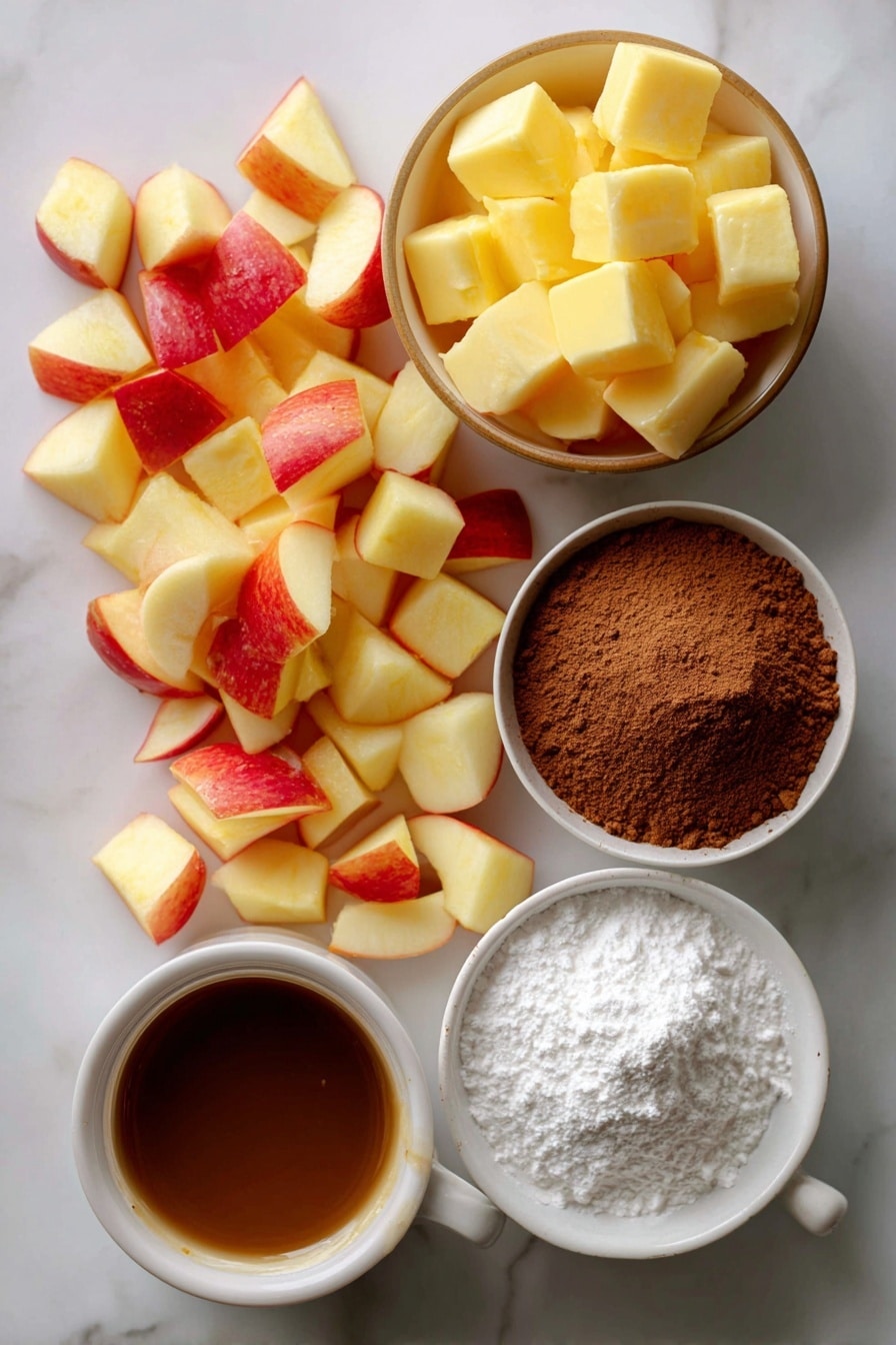 Flat lay of vibrant chopped honeycrisp apples, golden melted butter glistening, warm cinnamon and granulated sugar mix, rich apple butter, smooth vanilla extract, delicate powdered sugar dusted lightly over the scene, and a small mound of instant coffee powder for subtle depth, all beautifully arranged in harmony on a white marble surface, photo taken with an iphone --ar 2:3 --v 7 - Shortcut Easy Apple Fritters, apple fritters with puff pastry, quick apple dessert recipes, baked apple fritters, fall-inspired apple treats
