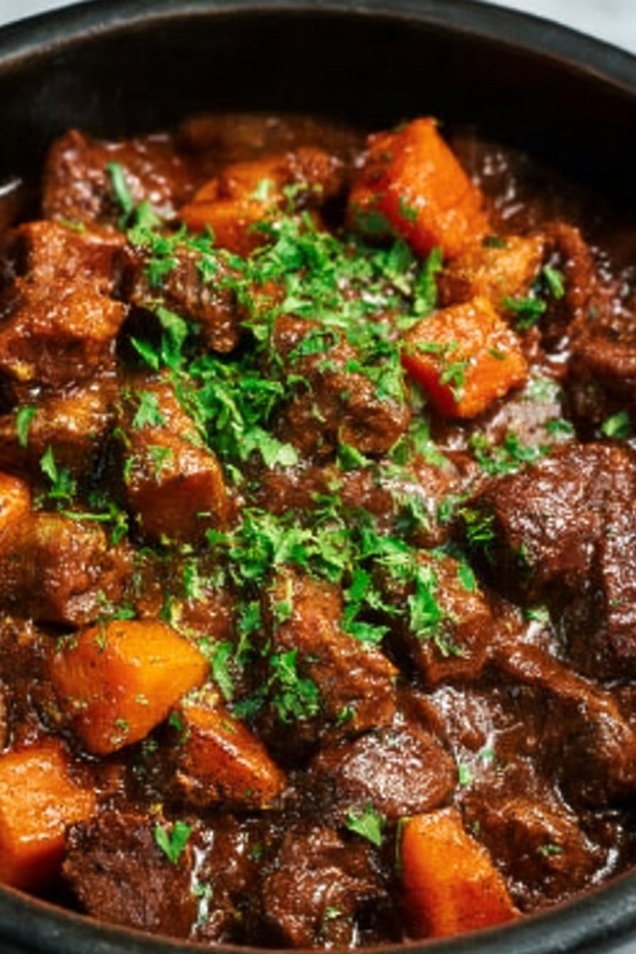 The image shows two white bowls filled with a layered dish. The bottom layer is smooth, creamy mashed potatoes, colored pale yellow. On top of the mashed potatoes, a thick stew with dark brown and reddish hues covers the surface, consisting of chunky pieces of tender meat, orange carrot slices, and small light brown potato cubes. Green chopped parsley is sprinkled over the stew, adding a fresh bright green contrast. A silver spoon rests inside the front bowl, with its handle pointing outward. The bowls sit on a white marbled surface with a white cloth nearby. photo taken with an iphone --ar 2:3 --v 7 - Slow Cooker Beef Stew with Rich Gravy, hearty beef stew, easy slow cooker beef recipe, comforting beef stew, savory beef stew with vegetables
