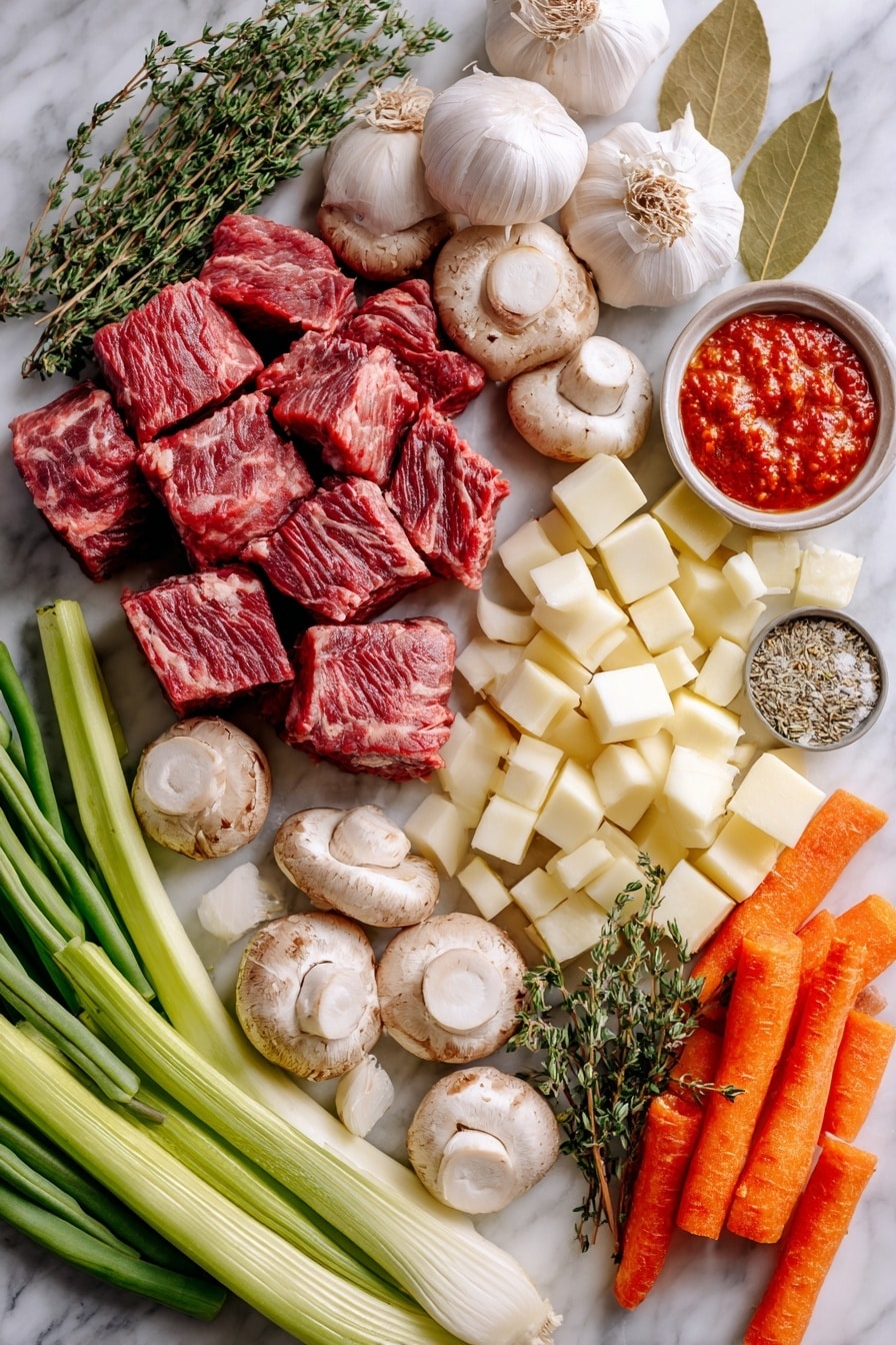 Flat lay of cubed beef chuck roast, whole quartered mushrooms, peeled and cubed celery root, peeled pearl onions, sliced celery ribs, roll-cut carrots, sliced garlic cloves, and a small dollop of rich tomato paste, all beautifully arranged in neat clusters with a few scattered dried thyme leaves and a single bay leaf, placed on a white marble surface, photo taken with an iphone --ar 2:3 --v 7 - Keto Beef Stew, keto beef stew recipe, low-carb beef stew, hearty keto stew, savory beef stew for keto