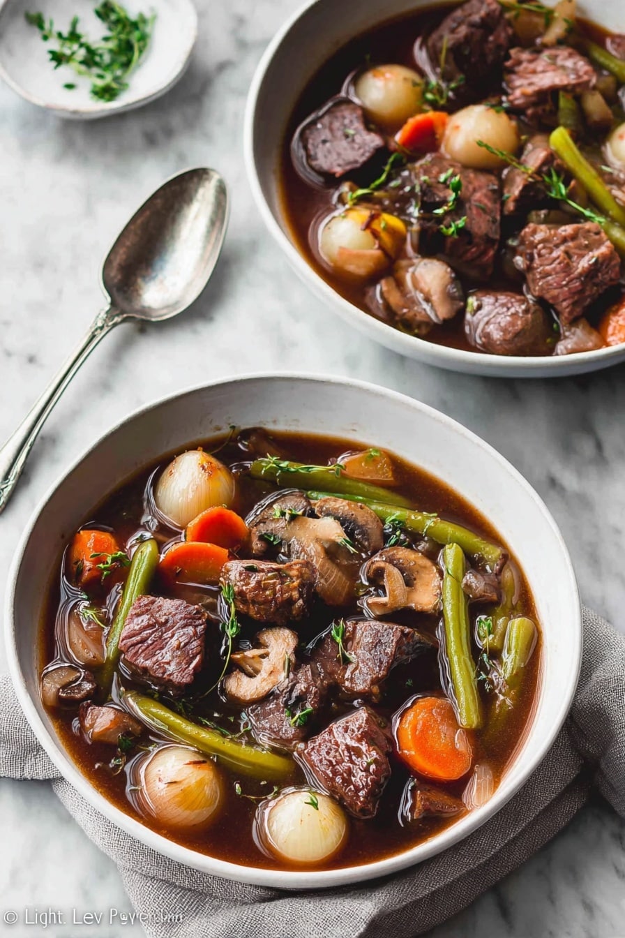 Two white shallow bowls sit on a white marbled surface, each filled with a rich beef stew. The stew shows large, chunky pieces of deep brown beef mixed with round pearl onions, green celery sticks, sliced mushrooms, orange carrot chunks, and green beans all soaked in a dark brown broth. Small green herb sprigs lie on top for garnish. A shiny silver spoon rests near the bowls on a light gray cloth. The whole scene is softly lit, showing steam rising from the hot stew. photo taken with an iphone --ar 2:3 --v 7 - Keto Beef Stew, keto beef stew recipe, low-carb beef stew, hearty keto stew, savory beef stew for keto