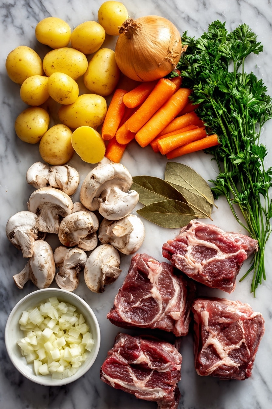 Flat lay of thick chunks of raw lamb shoulder, crispy golden bacon strips, halved small yellow potatoes, peeled and cut bright orange carrots, thickly sliced button mushrooms, diced yellow onion, minced garlic cloves, fresh sprigs of green parsley, and two dried bay leaves beautifully arranged on a white marble surface, photo taken with an iphone --ar 2:3 --v 7 - Hearty Oven-Braised Lamb Stew, Lamb Stew with Potatoes and Mushrooms, Comforting Lamb Stew Recipe, Slow Oven Braised Lamb, Lamb and Vegetable Stew