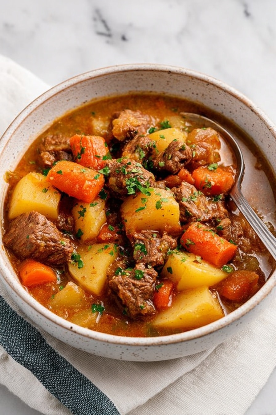A white speckled bowl filled with thick beef stew, showing three layers: large chunks of brown beef, soft yellow potatoes, and bright orange carrots, all mixed in a rich brown gravy. Small green herbs are sprinkled on top, adding a fresh touch. A silver spoon rests on the right side inside the bowl. The bowl sits on a white marbled surface with a folded white and blue cloth partially under it. Photo taken with an iphone --ar 2:3 --v 7 - Hearty Oven-Braised Lamb Stew, Lamb Stew with Potatoes and Mushrooms, Comforting Lamb Stew Recipe, Slow Oven Braised Lamb, Lamb and Vegetable Stew