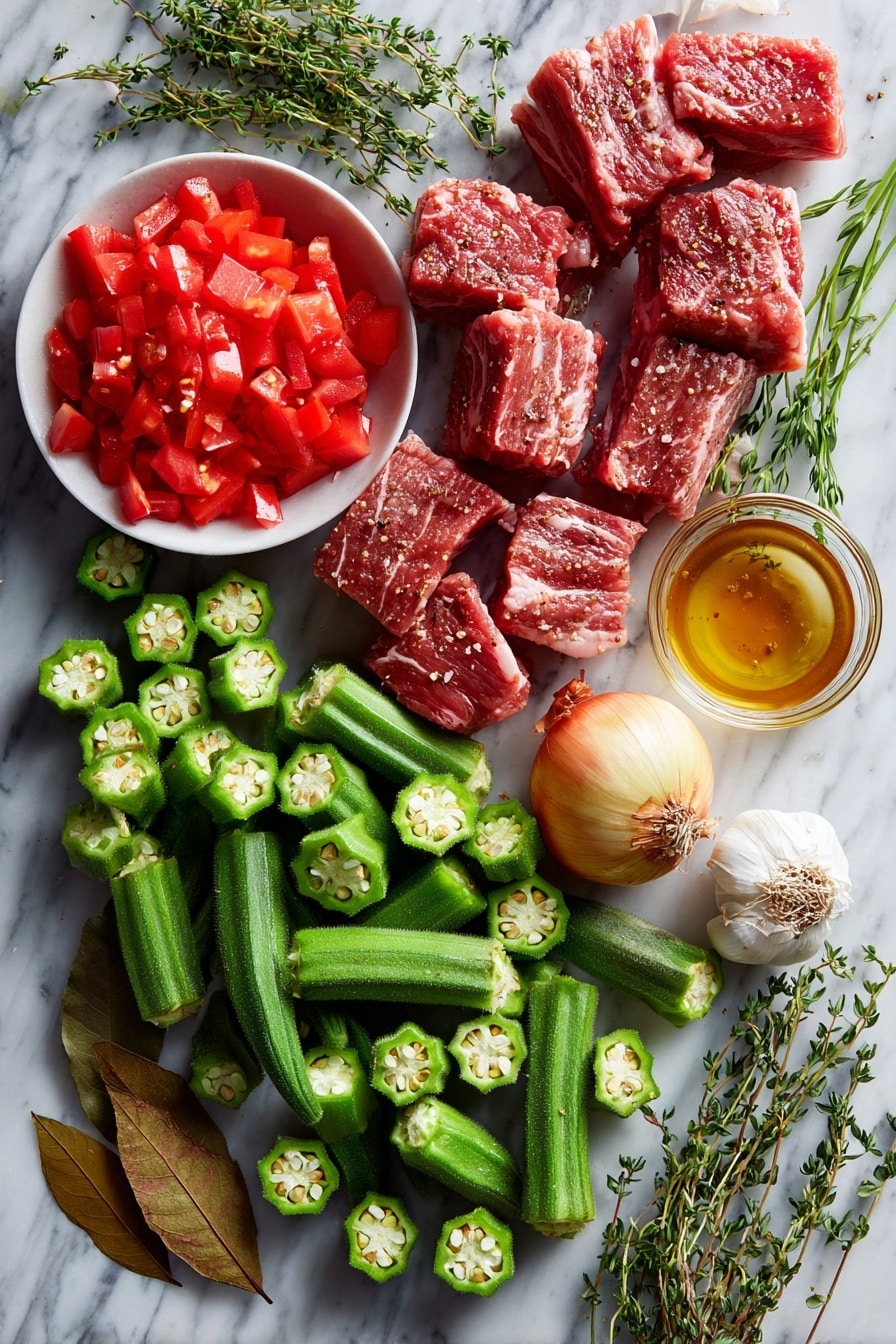 Flat lay of fresh okra pods sliced into rounds, bright red diced tomatoes with juicy seeds visible, thick-cut raw bacon strips with marbled fat, a small shiny Vidalia onion whole and halved to show the layers, garlic cloves peeled and unpeeled, sprigs of fresh green thyme leaves, a dried bay leaf with its textured surface, and a small bowl of golden apple cider vinegar droplets, placed on a white marble surface, photo taken with an iphone --ar 2:3 --v 7 - Stewed Okra and Tomatoes with Bacon and Herbs, Southern okra and tomato skillet, easy okra and tomato side dish, comforting Southern vegetable recipes, healthy bacon and herb stew