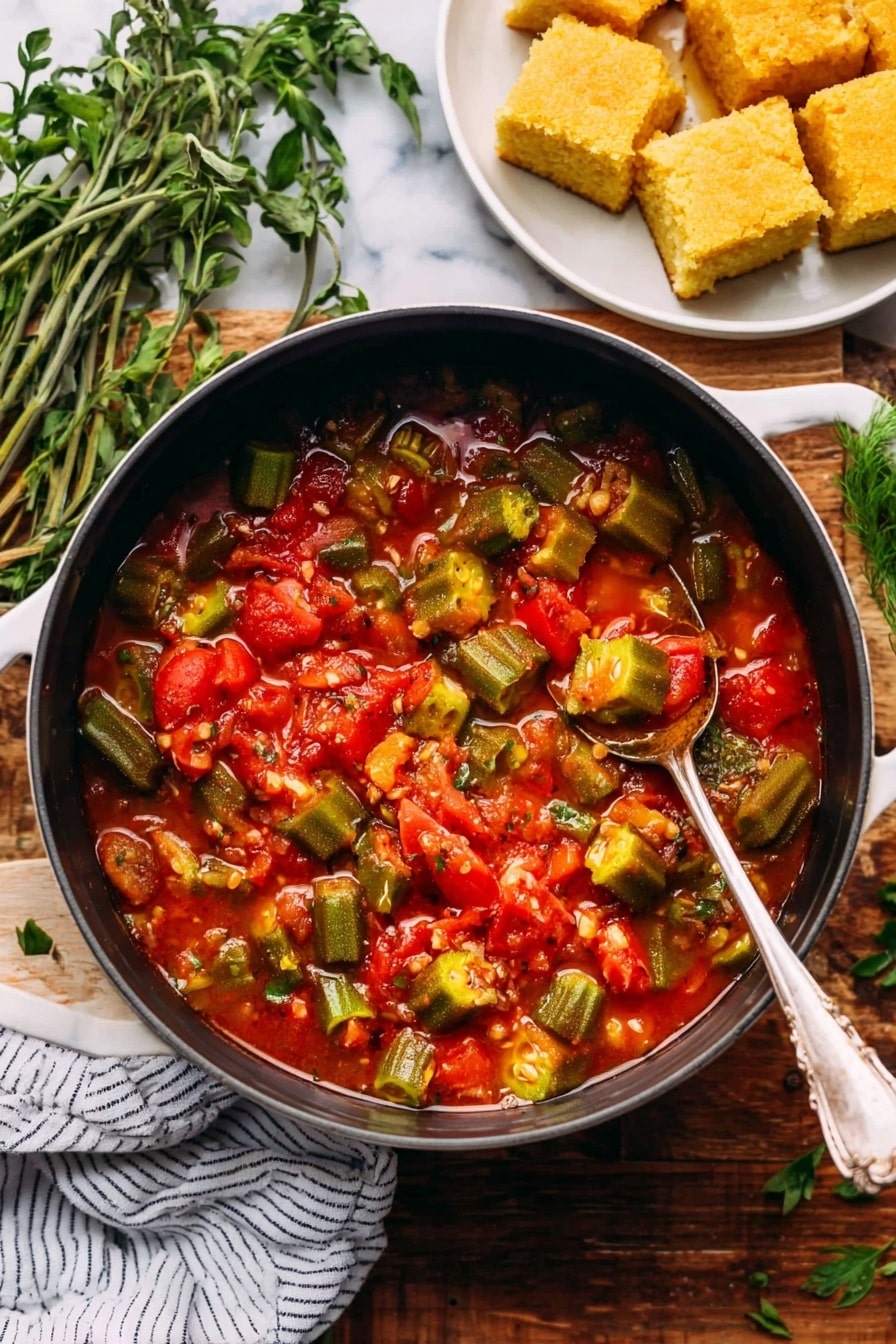 The image shows a round black pot filled with a thick stew made of red tomatoes and bright green okra pieces, with bits of onion and spices visible in the red broth. The stew has a varied texture with chunky seeds and soft vegetables. A silver spoon is dipping into the stew from the right side. The pot sits on a wooden surface with sprigs of green herbs nearby, a white striped cloth on the left, and a white plate holding golden square cornbread pieces to the upper right. The background surface is a white marbled texture. Photo taken with an iphone --ar 2:3 --v 7 - Stewed Okra and Tomatoes with Bacon and Herbs, Southern okra and tomato skillet, easy okra and tomato side dish, comforting Southern vegetable recipes, healthy bacon and herb stew
