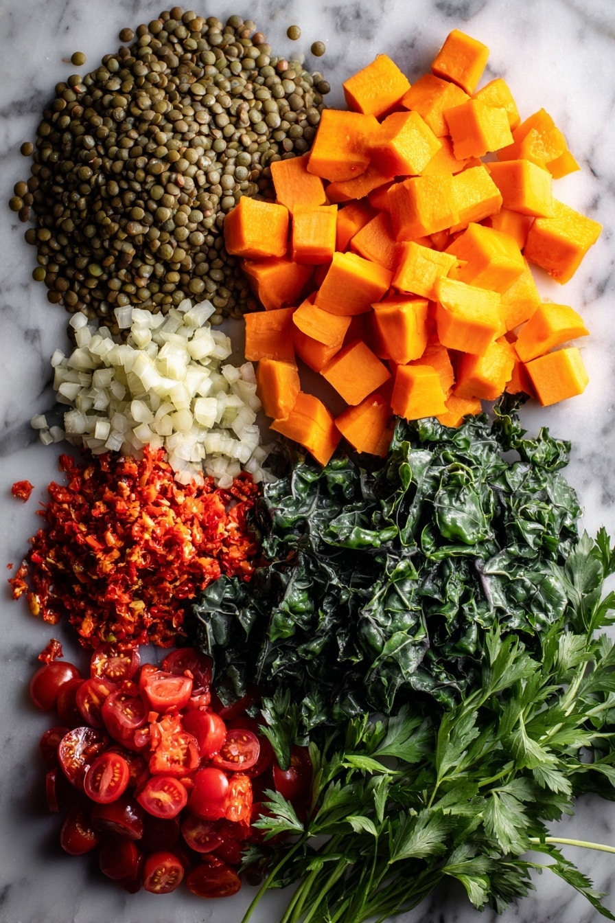 Flat lay of green lentils soaked with lemon juice, diced butternut squash, bright orange carrot cubes, deep green cavolo nero leaves, quartered red cherry tomatoes, finely chopped red chilli, fresh garlic cloves, sprigs of flat-leaf parsley and coriander with stalks, all beautifully arranged and vibrantly colored, placed on a white marble surface, photo taken with an iphone --ar 2:3 --v 7 - Lamb, Lentil, and Squash Stew, hearty lamb stew with lentils and squash, flavorful lamb lentil squash recipe, comforting lamb and vegetable stew, easy lamb stew with butternut squash