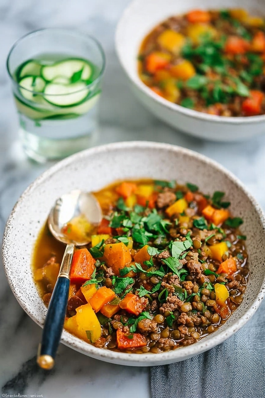 This image shows a white speckled bowl filled with a hearty stew. The stew has several layers including a base layer of brown lentils and small ground meat pieces mixed with orange and yellow chunks of vegetables like carrots and squash. On top, there are fresh green chopped herbs scattered all over, adding a bright color contrast. A spoon with a dark handle and gold accent rests inside the bowl. In the blurred background, another white bowl with a similar stew and two clear glasses filled with water and cucumber slices sit on a white marbled surface. The photo taken with an iphone --ar 2:3 --v 7 - Lamb, Lentil, and Squash Stew, hearty lamb stew with lentils and squash, flavorful lamb lentil squash recipe, comforting lamb and vegetable stew, easy lamb stew with butternut squash