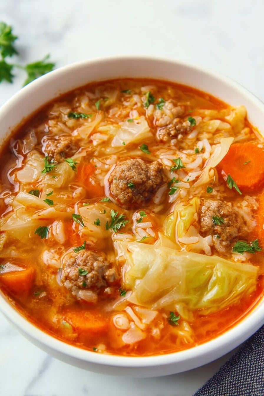 The image shows a round white pot filled with a thick stew made of multiple layers. The bottom layer is a rich, red-orange tomato broth with a glossy texture, swirling around pieces of light brown cooked ground meat. Mixed in are chopped light green cabbage leaves and soft pieces of orange carrot, creating a varied texture and color contrast. Small sprigs of bright green parsley are sprinkled on top for garnish. The pot rests on a white marbled surface with some fresh parsley sprigs nearby and a blue striped cloth partially visible in the top left corner. photo taken with an iphone --ar 2:3 --v 7 - Cabbage Roll Soup, hearty cabbage soup, easy comfort food, savory cabbage stew, simple dinner recipes
