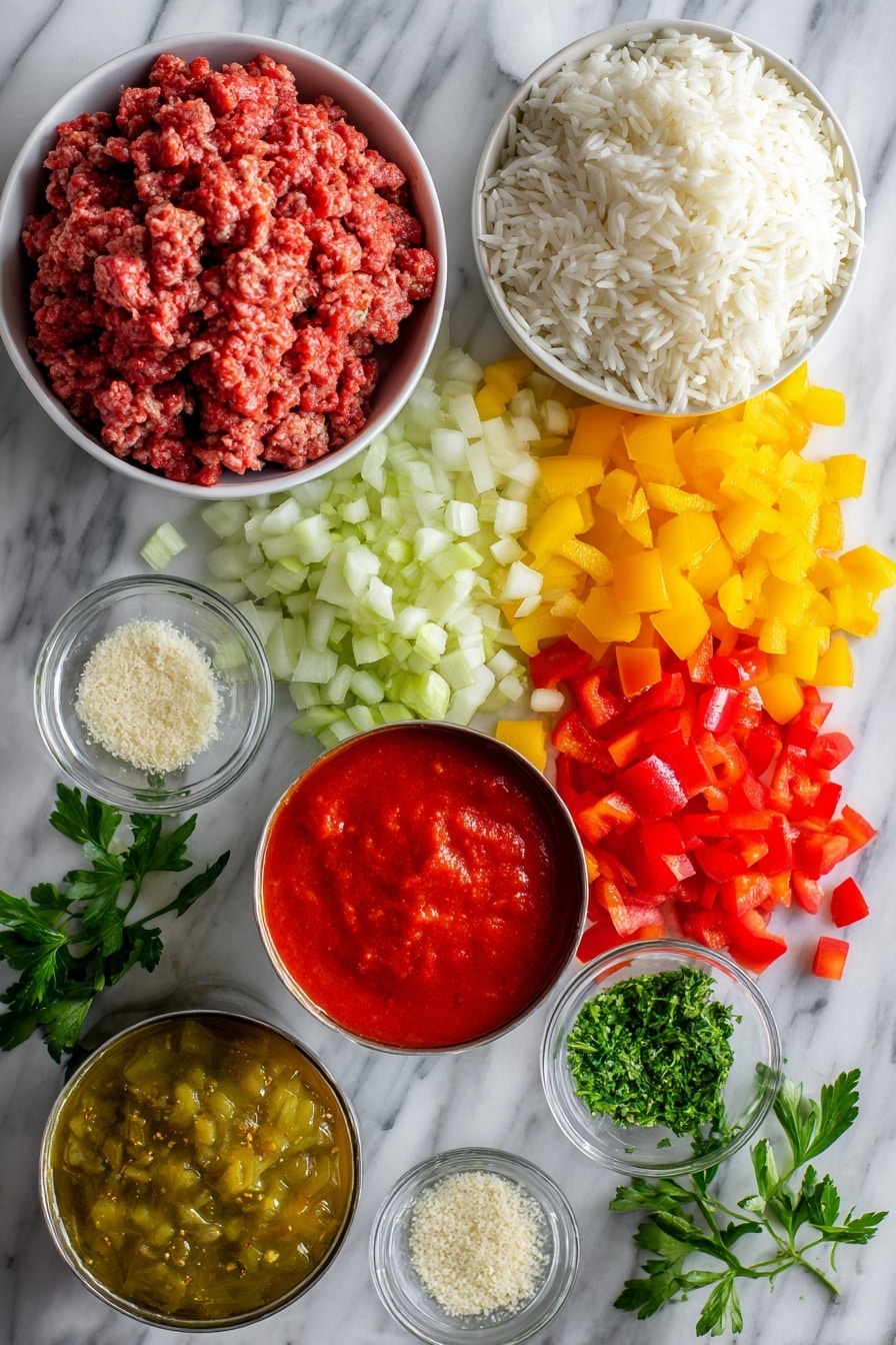 Flat lay of vibrant red, yellow, and green diced bell peppers, a pile of diced white onion, raw ground beef formed into a loose mound, fluffy cooked white rice, a bright can of petite diced tomatoes, a rich can of smooth tomato sauce, fresh green parsley sprigs, and a small heap of granulated garlic powder, all beautifully arranged with contrasting colors and textures, placed on a white marble surface, photo taken with an iphone --ar 2:3 --v 7 - Slow Cooker Stuffed Pepper Soup, stuffed pepper soup, easy healthy soup recipes, comforting slow cooker recipes, hearty stuffed pepper dish