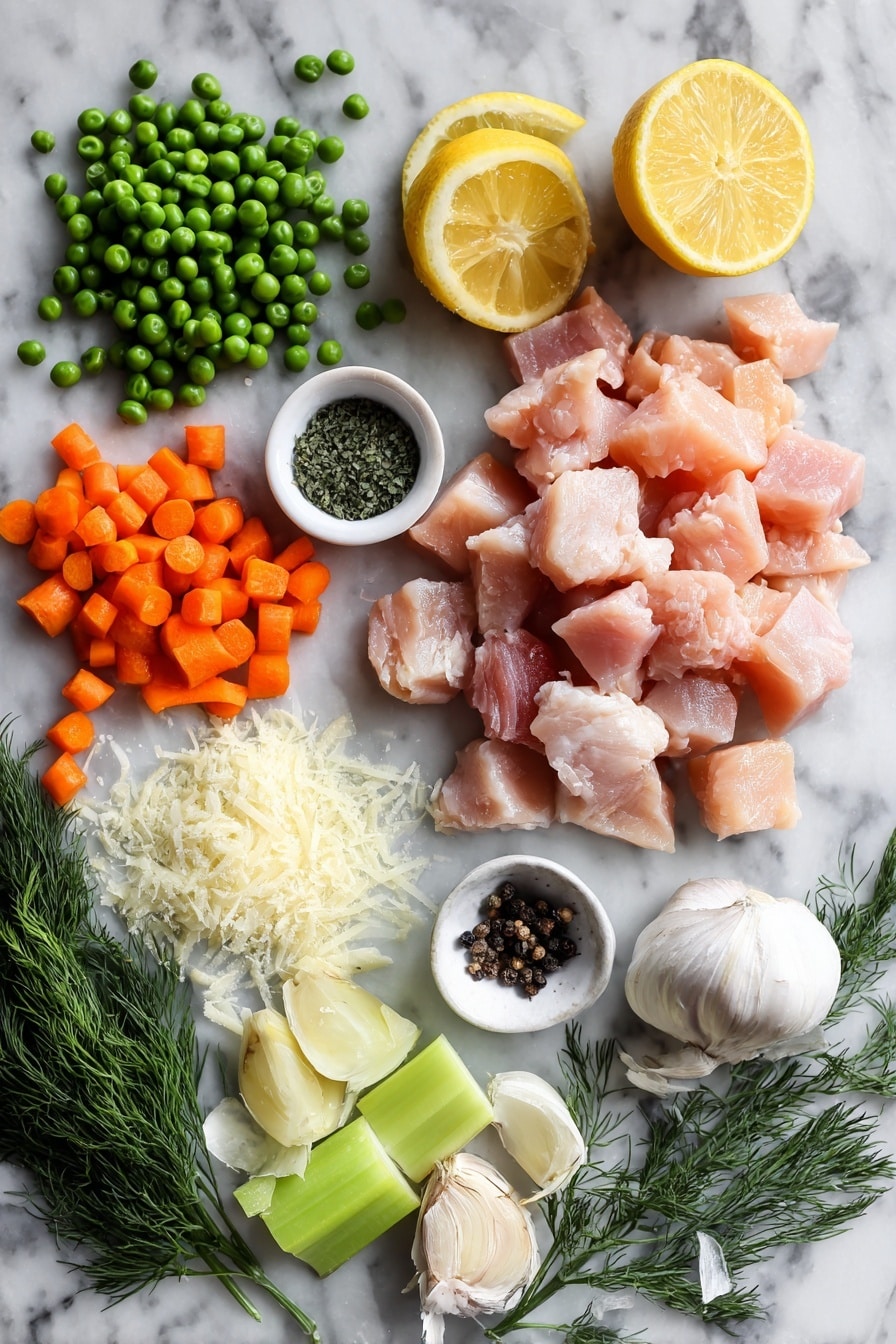 Flat lay of cubed cooked turkey, bright orange chopped carrots, fresh green peas, chopped yellow onion, stalks of celery, sprigs of fresh dill, whole lemon with zest and wedges, minced garlic cloves, and a small pile of grated Parmesan cheese, all beautifully arranged on a white marble surface, photo taken with an iphone --ar 2:3 --v 7 - Turkey and Biscuits Casserole with Lemon and Dill, easy turkey casserole, leftover turkey recipes, lemon dill chicken casserole, comforting holiday casserole