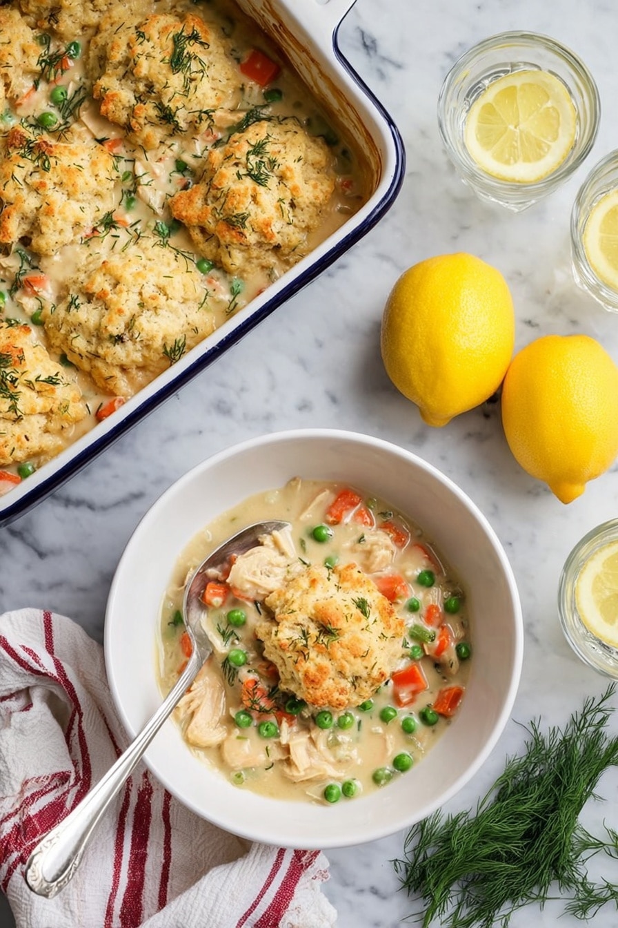 The image shows a white bowl filled with a creamy chicken and vegetable stew with visible chunks of orange carrots, green peas, and light beige chicken pieces, topped with two golden, slightly browned biscuit-like dumplings that have a rough, crumbly texture. The bowl is placed on a white marbled surface next to a silver spoon resting inside. Nearby, a rectangular white baking dish contains more of the stew and biscuit dumplings, showing a thick, creamy sauce with similar vegetables and chicken, topped by browned dumplings sprinkled with green herbs. Two whole yellow lemons, one cut in half, and a sprig of green dill are arranged beside the baking dish. Two clear glasses with lemon slices and a white cloth with red stripes are also on the white marbled surface. photo taken with an iphone --ar 2:3 --v 7 - Turkey and Biscuits Casserole with Lemon and Dill, easy turkey casserole, leftover turkey recipes, lemon dill chicken casserole, comforting holiday casserole