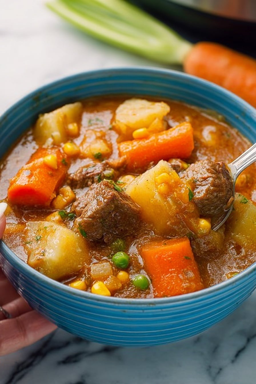 A close-up of a blue bowl filled with thick stew sitting on a white marbled surface. The stew has several layers including large orange carrot slices, light yellow potato chunks, green peas, yellow corn kernels, and chunks of browned beef, all mixed in a rich brown broth. A silver spoon rests inside the bowl, held by a woman's hand, with the stew slightly overflowing near the spoon. The background shows a blurry vegetable and a pan. Photo taken with an iphone --ar 2:3 --v 7 - Pressure Cooker Beef Stew, quick beef stew recipe, easy beef stew, hearty pressure cooker dinner, tender beef stew