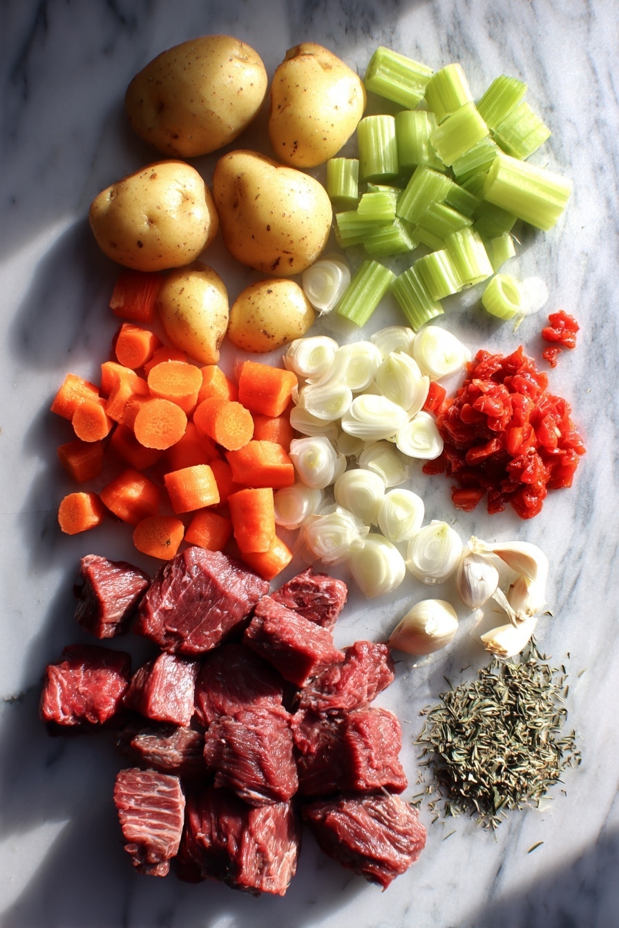 Flat lay of tender venison stew meat chunks, quartered baby gold potatoes, diced bright orange carrots, fresh green celery stalks, chopped white onion pieces, peeled garlic cloves, a small pile of mixed dried Herbs de Provence, and a handful of drained diced red tomatoes, all carefully arranged in an appealing pattern with natural lighting highlighting the fresh textures, placed on a white marble surface, photo taken with an iphone --ar 2:3 --v 7 - Slow Cooker Venison Stew, hearty venison stew, rustic venison stew, comforting slow cooker recipes, winter beef and venison stew