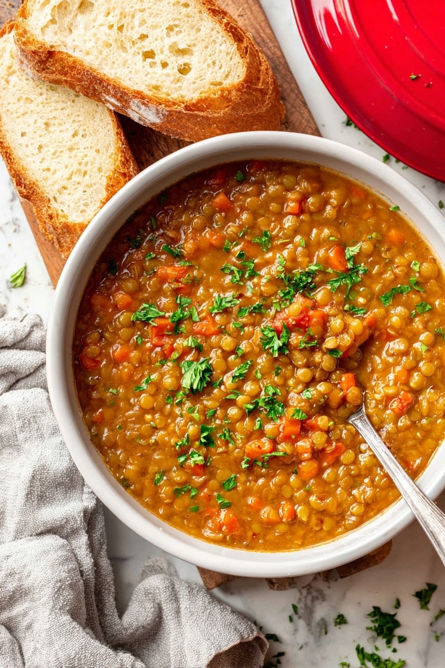 A white round bowl filled with thick lentil soup that has a brownish-orange color with small pieces of orange carrots and green herbs mixed in. The soup is topped with fresh green parsley leaves scattered on top. A silver spoon is partly dipped in the soup on the right side of the bowl. Next to the bowl, on a white marbled surface, there are two thick slices of crusty bread with a golden brown crust and soft inside. A light gray cloth is loosely placed near the bread, and a red pot lid is partially visible at the top right corner. Photo taken with an iphone --ar 2:3 --v 7 - Slow Cooker Lentil Soup, vegan lentil soup recipe, healthy lentil soup, easy slow cooker soup, gluten-free lentil soup